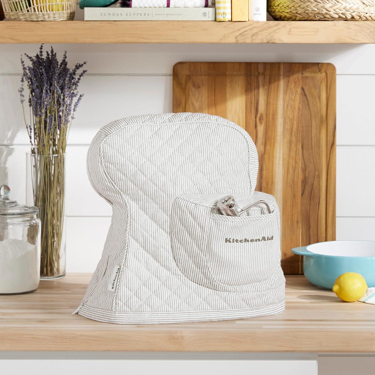 imageKITCHENAID Fitted TiltHead Stand Mixer Cover with Storage Pocket Quilted 100 Cotton144quotx18quotx10quot MilkshakeTicking Stripe Charcoal Grey