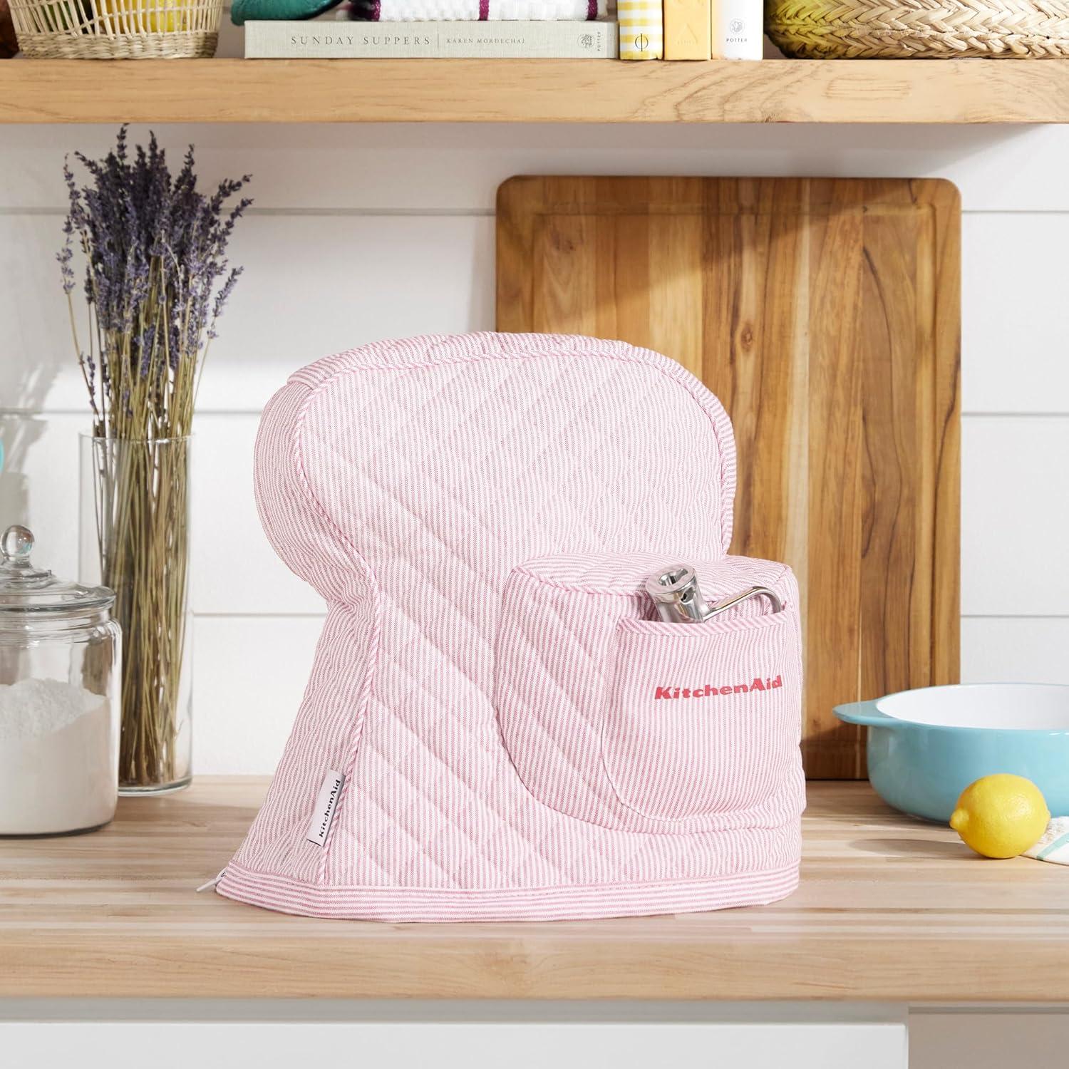 imageKITCHENAID Fitted TiltHead Stand Mixer Cover with Storage Pocket Quilted 100 Cotton144quotx18quotx10quot MilkshakeTicking Stripe Hibiscus Pink