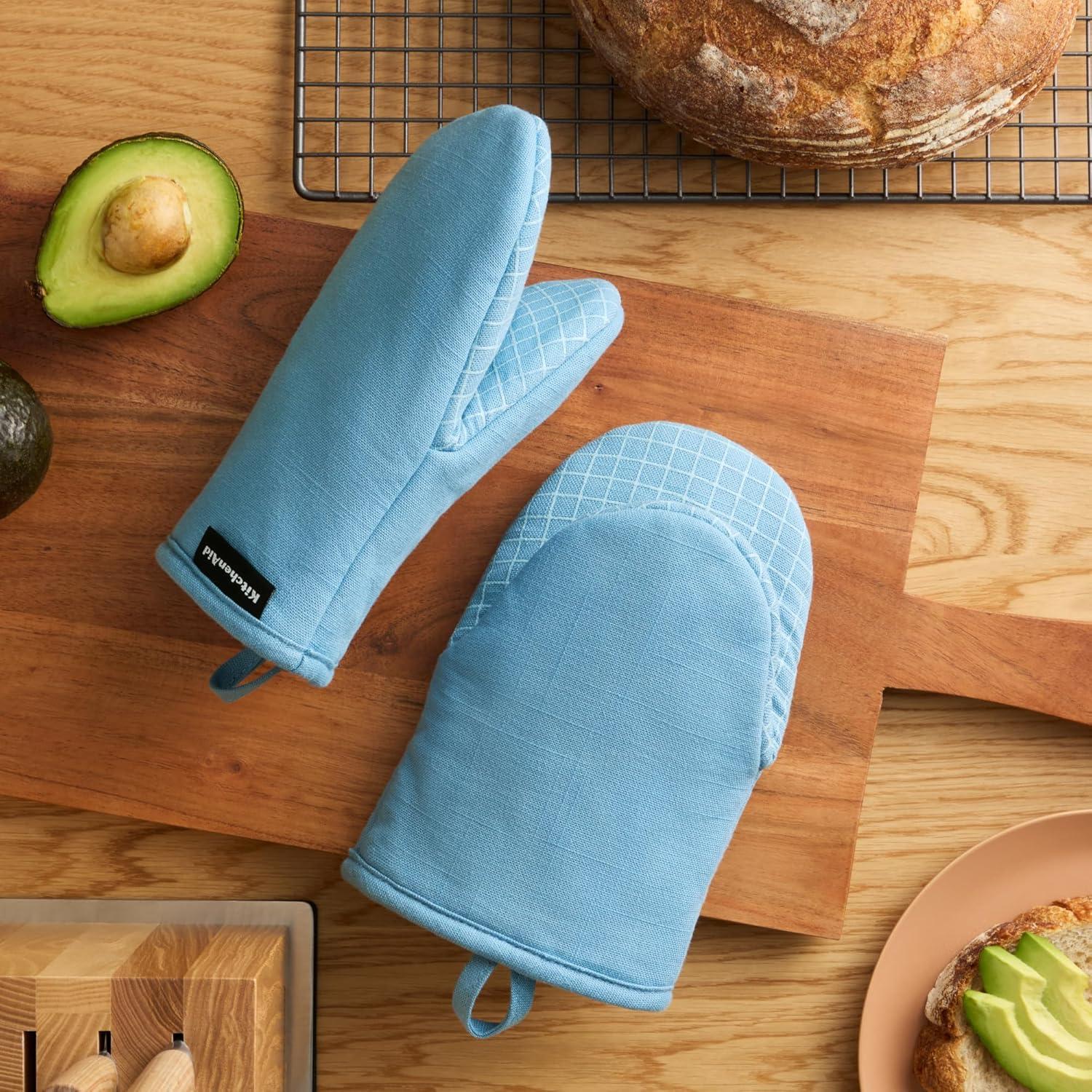 imageKITCHENAID Gourmet Series Gridlines Mini Oven Mitts 2Pack Set Heat Resistant up to 600F Soft Silicone Grip Magnetic Cuff Dried Rose 55quotx9quotBlue Velvet