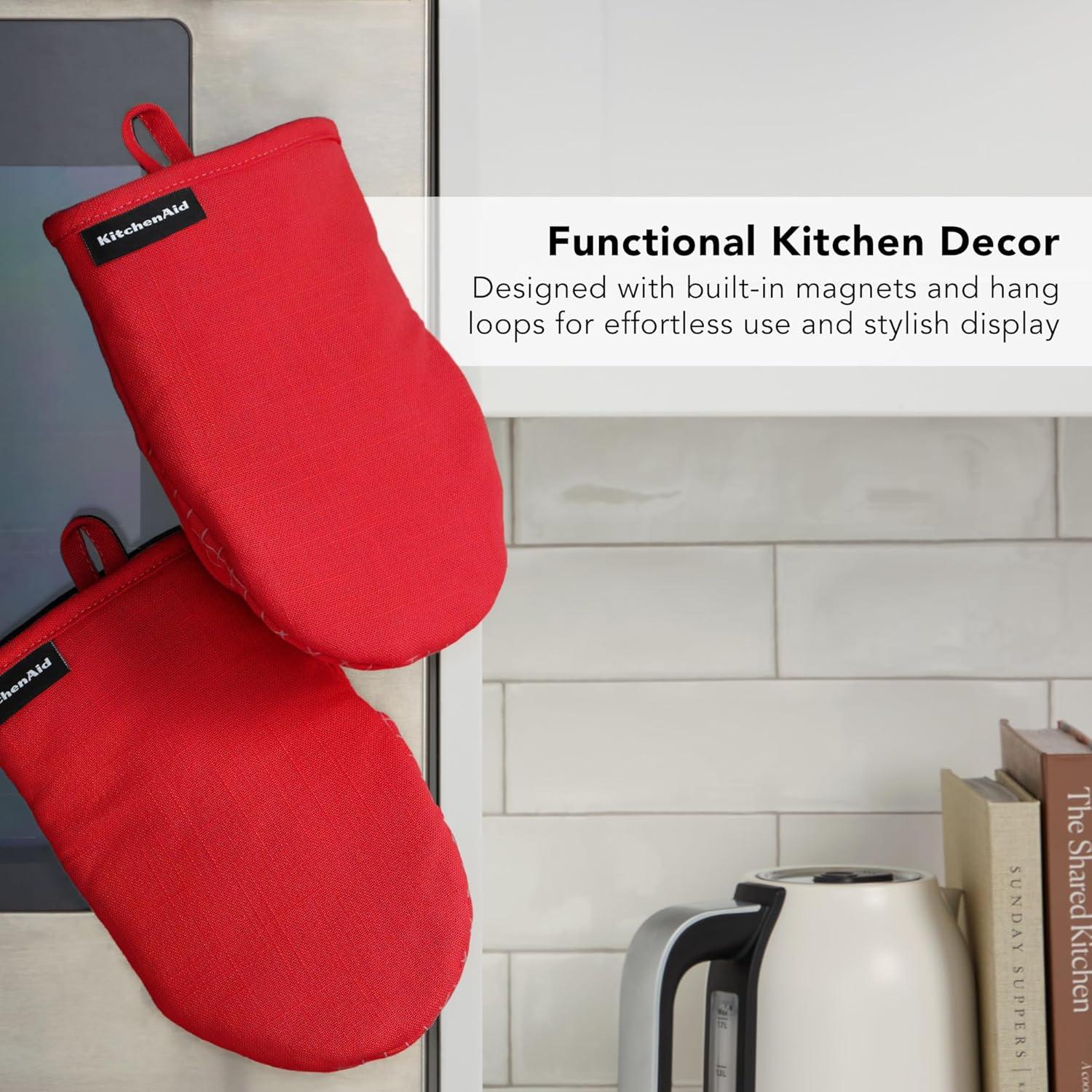 imageKITCHENAID Gourmet Series Gridlines Mini Oven Mitts 2Pack Set Heat Resistant up to 600F Soft Silicone Grip Magnetic Cuff Dried Rose 55quotx9quotPassion Red