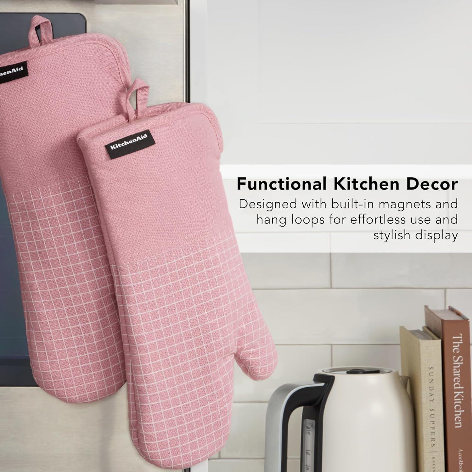 imageKITCHENAID Gourmet Series Gridlines Oven Mitts 2Pack Set Heat Resistant up to 600F Soft Silicone Grip Magnetic Cuff Dried Rose 7quotx14quotDried Rose