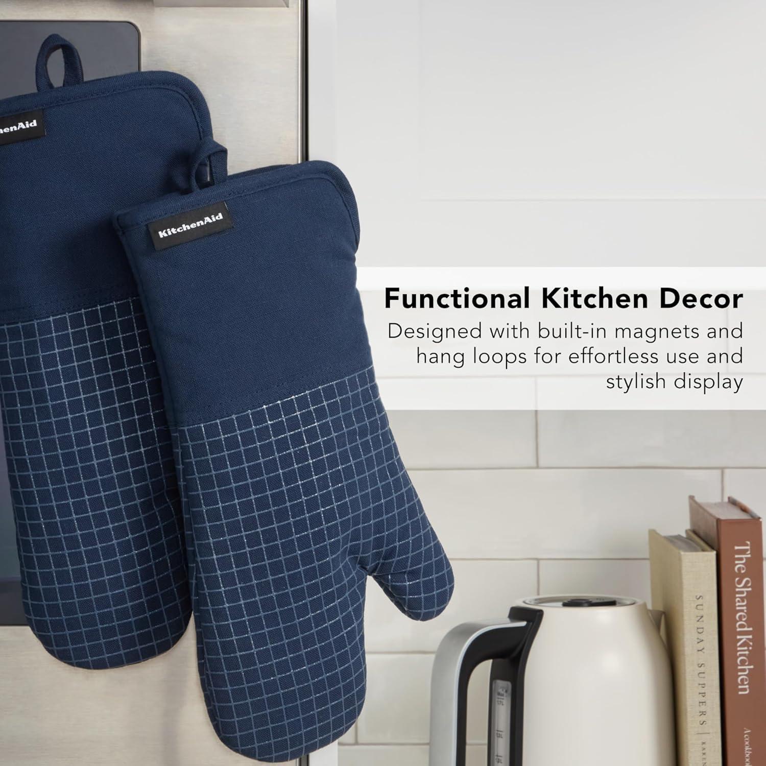 imageKITCHENAID Gourmet Series Gridlines Oven Mitts 2Pack Set Heat Resistant up to 600F Soft Silicone Grip Magnetic Cuff Dried Rose 7quotx14quotInk Blue