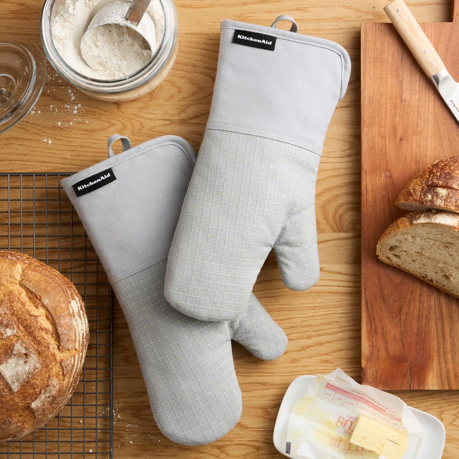 imageKITCHENAID Gourmet Series Gridlines Oven Mitts 2Pack Set Heat Resistant up to 600F Soft Silicone Grip Magnetic Cuff Dried Rose 7quotx14quotMatte Grey