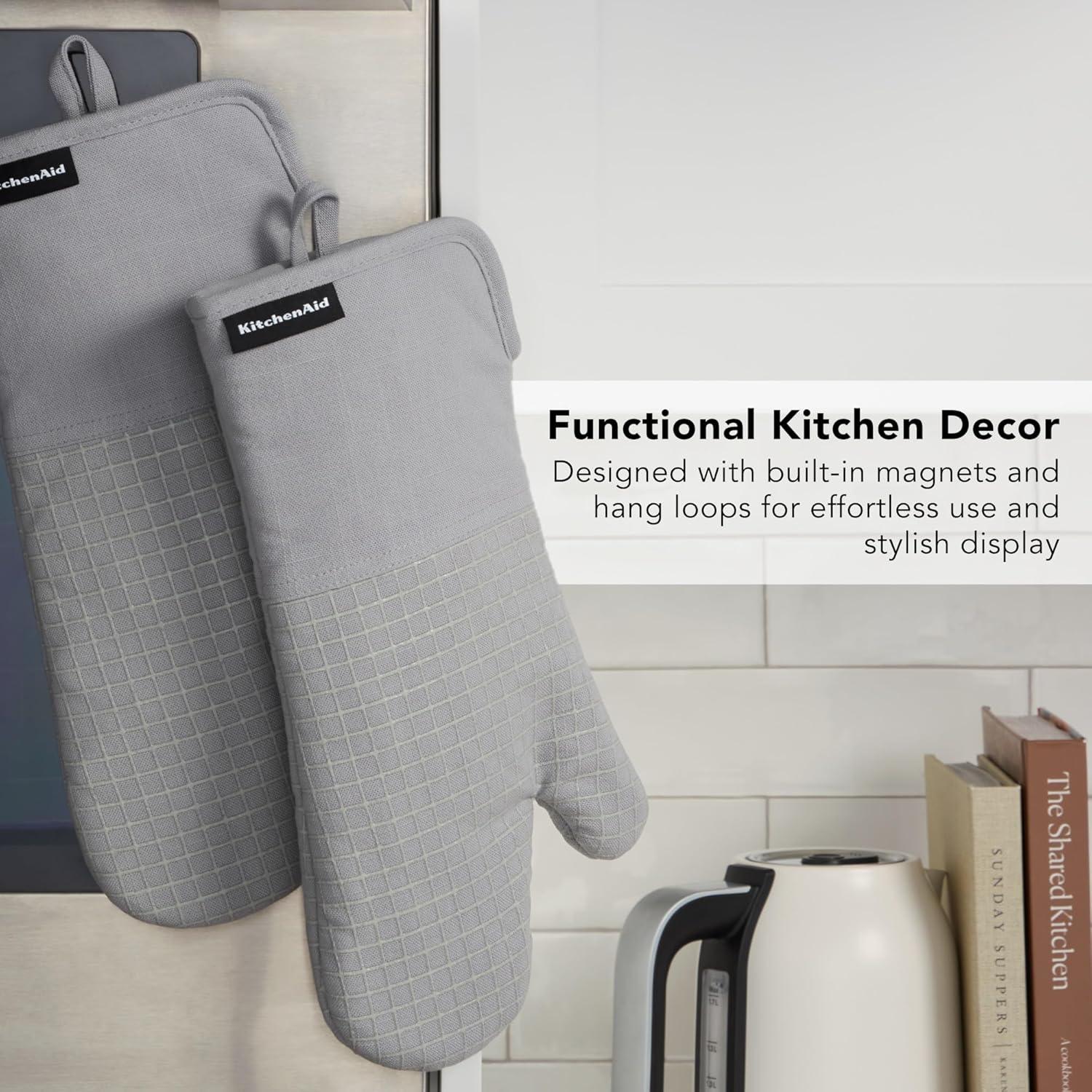 imageKITCHENAID Gourmet Series Gridlines Oven Mitts 2Pack Set Heat Resistant up to 600F Soft Silicone Grip Magnetic Cuff Dried Rose 7quotx14quotMatte Grey
