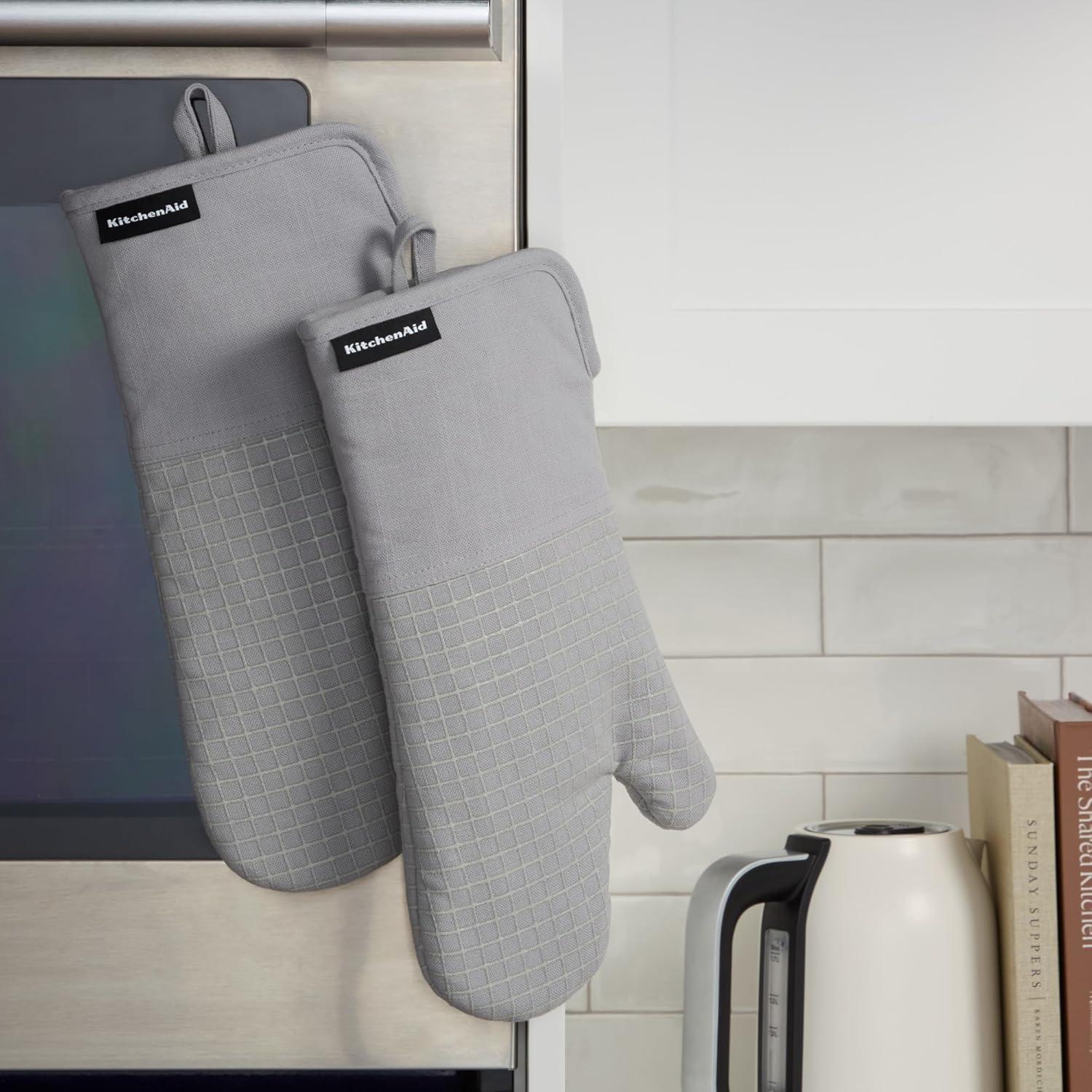 imageKITCHENAID Gourmet Series Gridlines Oven Mitts 2Pack Set Heat Resistant up to 600F Soft Silicone Grip Magnetic Cuff Dried Rose 7quotx14quotMatte Grey