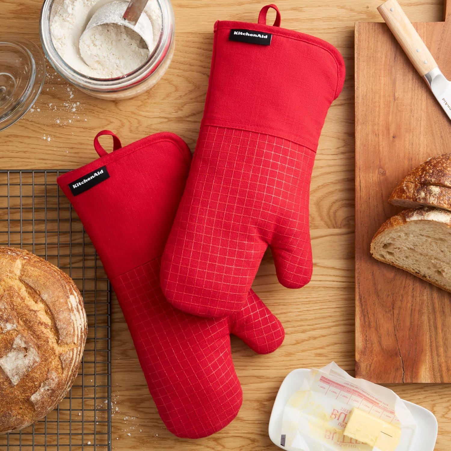 imageKITCHENAID Gourmet Series Gridlines Oven Mitts 2Pack Set Heat Resistant up to 600F Soft Silicone Grip Magnetic Cuff Dried Rose 7quotx14quotPassion Red
