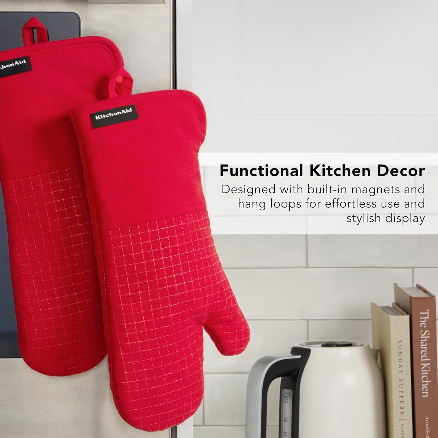 imageKITCHENAID Gourmet Series Gridlines Oven Mitts 2Pack Set Heat Resistant up to 600F Soft Silicone Grip Magnetic Cuff Dried Rose 7quotx14quotPassion Red
