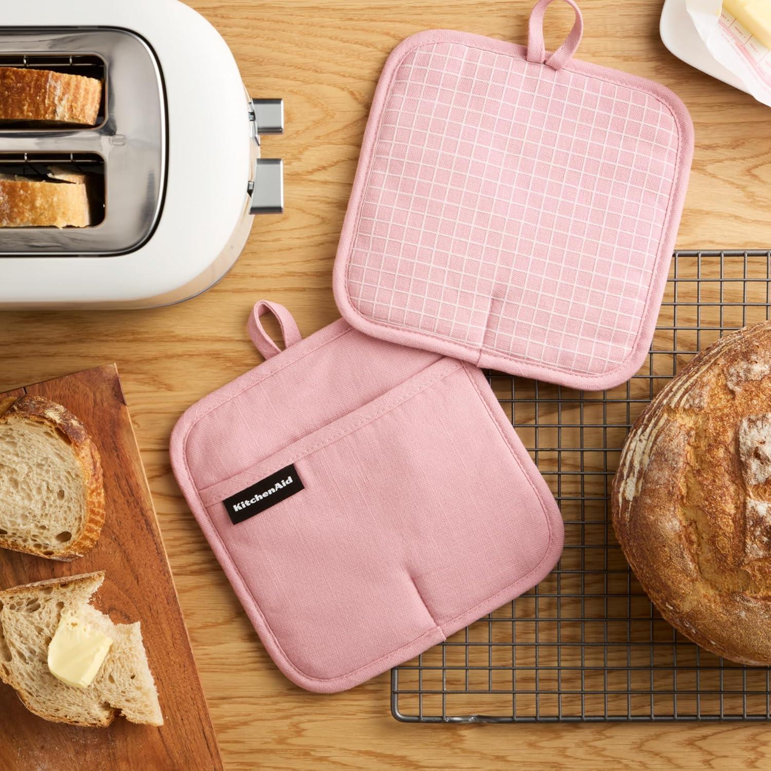 imageKITCHENAID Gourmet Series Gridlines Pot Holders 2Pack Set Heat Resistant up to 600F Soft Silicone Grip Magnetic Cuff Dried Rose 8quotx8quotDried Rose