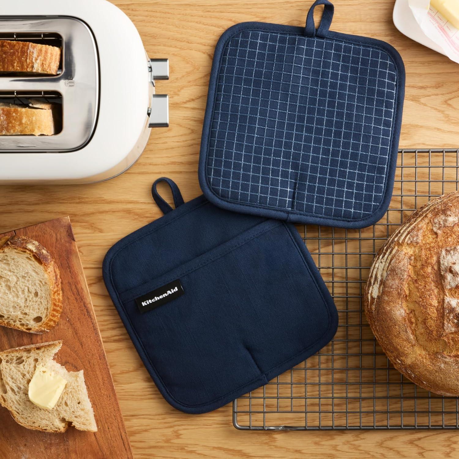 imageKITCHENAID Gourmet Series Gridlines Pot Holders 2Pack Set Heat Resistant up to 600F Soft Silicone Grip Magnetic Cuff Dried Rose 8quotx8quotInk Blue