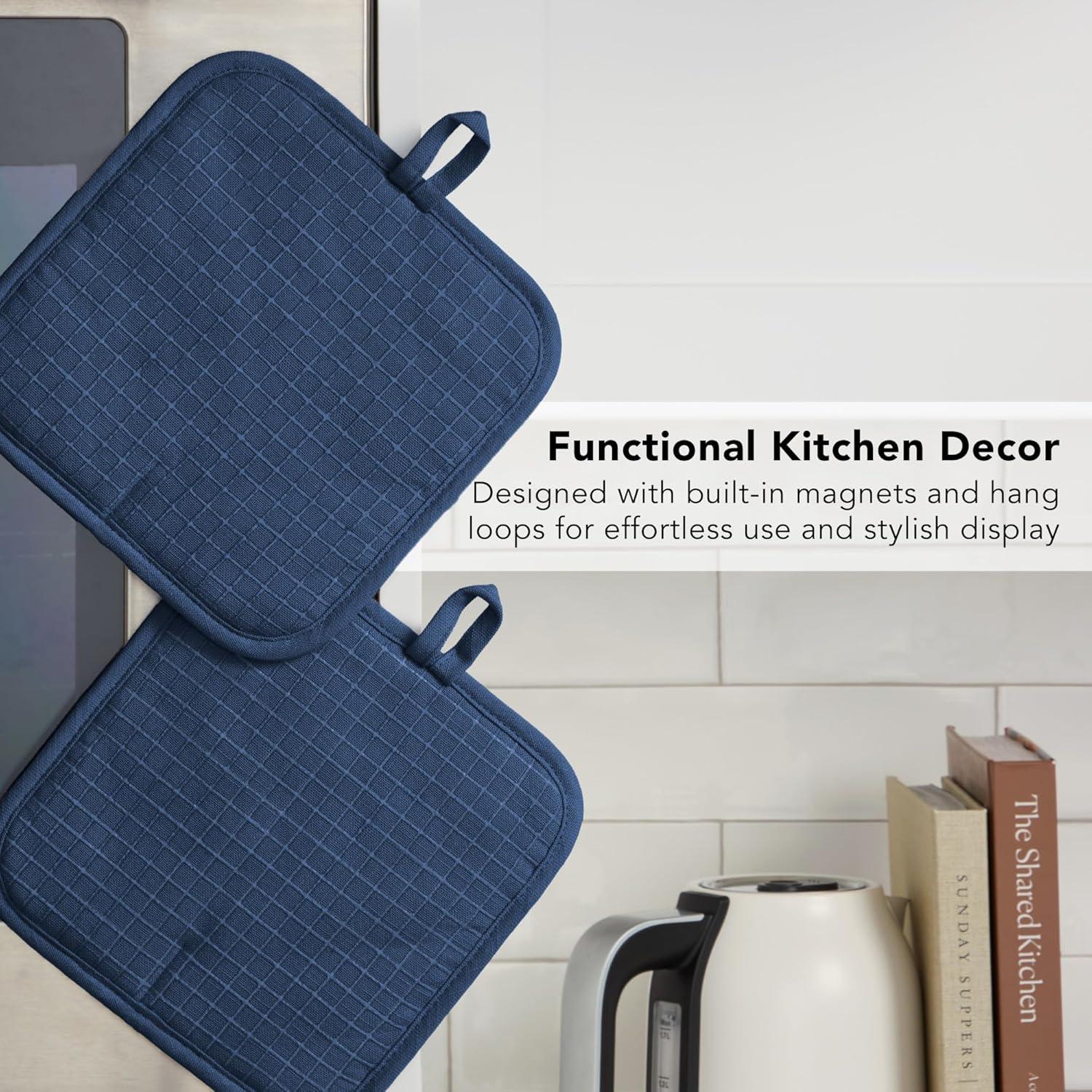 imageKITCHENAID Gourmet Series Gridlines Pot Holders 2Pack Set Heat Resistant up to 600F Soft Silicone Grip Magnetic Cuff Dried Rose 8quotx8quotInk Blue