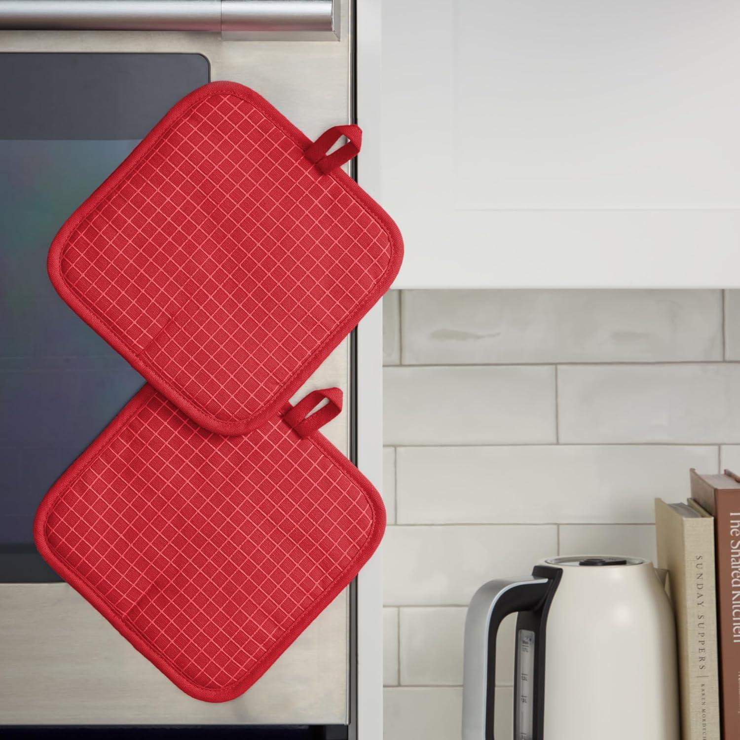 imageKITCHENAID Gourmet Series Gridlines Pot Holders 2Pack Set Heat Resistant up to 600F Soft Silicone Grip Magnetic Cuff Dried Rose 8quotx8quotPassion Red