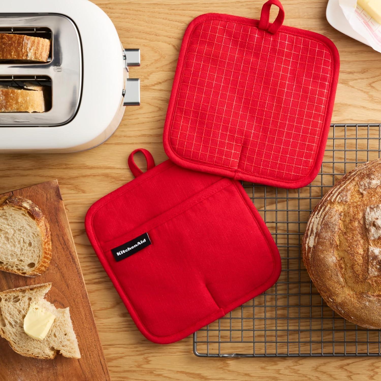 imageKITCHENAID Gourmet Series Gridlines Pot Holders 2Pack Set Heat Resistant up to 600F Soft Silicone Grip Magnetic Cuff Dried Rose 8quotx8quotPassion Red