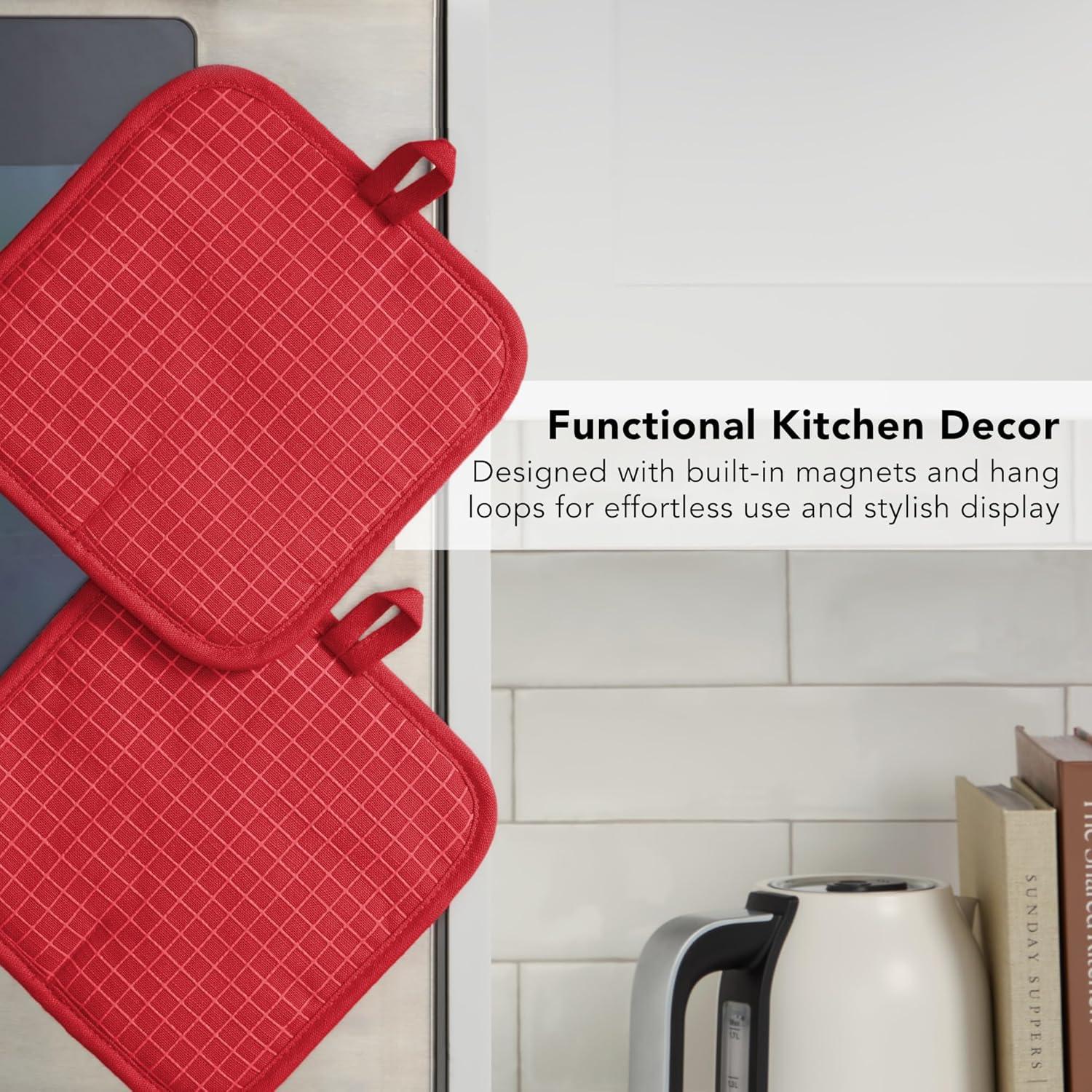 imageKITCHENAID Gourmet Series Gridlines Pot Holders 2Pack Set Heat Resistant up to 600F Soft Silicone Grip Magnetic Cuff Dried Rose 8quotx8quotPassion Red
