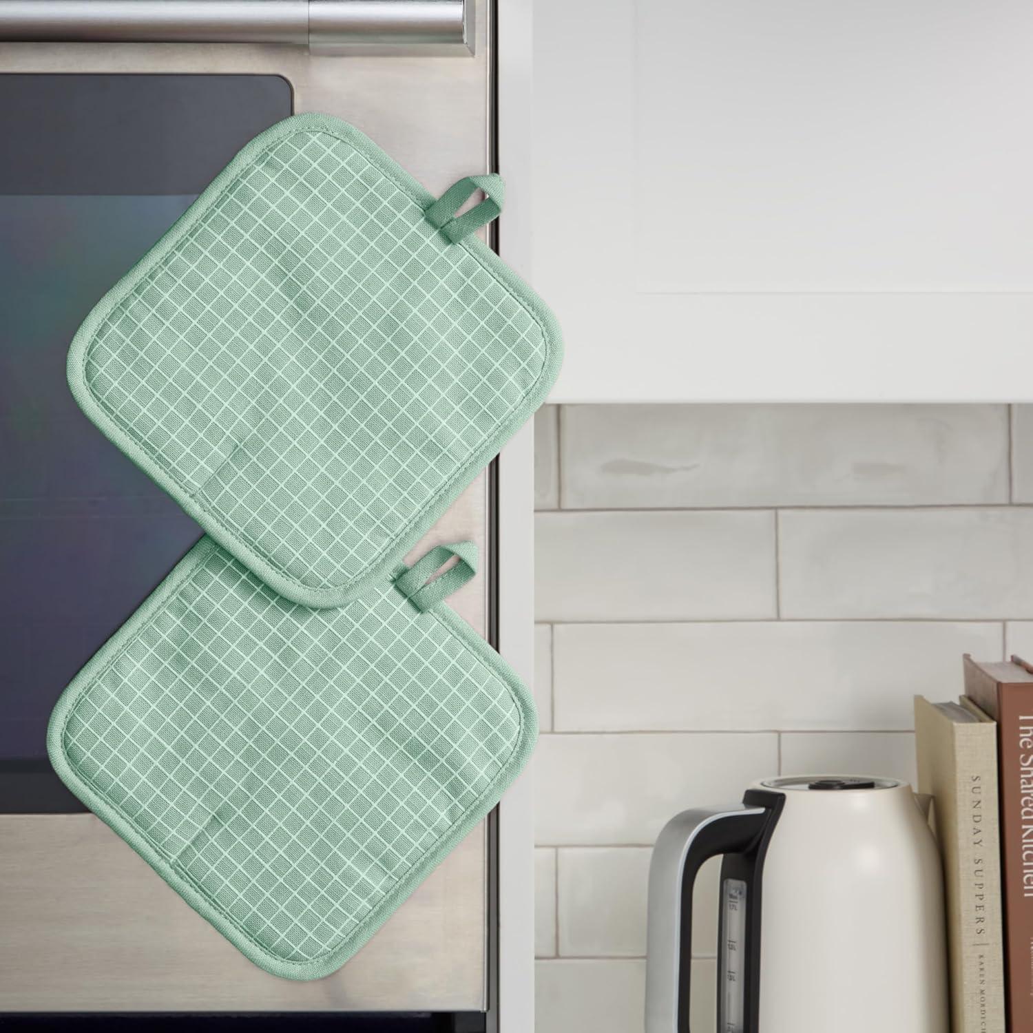 imageKITCHENAID Gourmet Series Gridlines Pot Holders 2Pack Set Heat Resistant up to 600F Soft Silicone Grip Magnetic Cuff Dried Rose 8quotx8quotPistachio Green