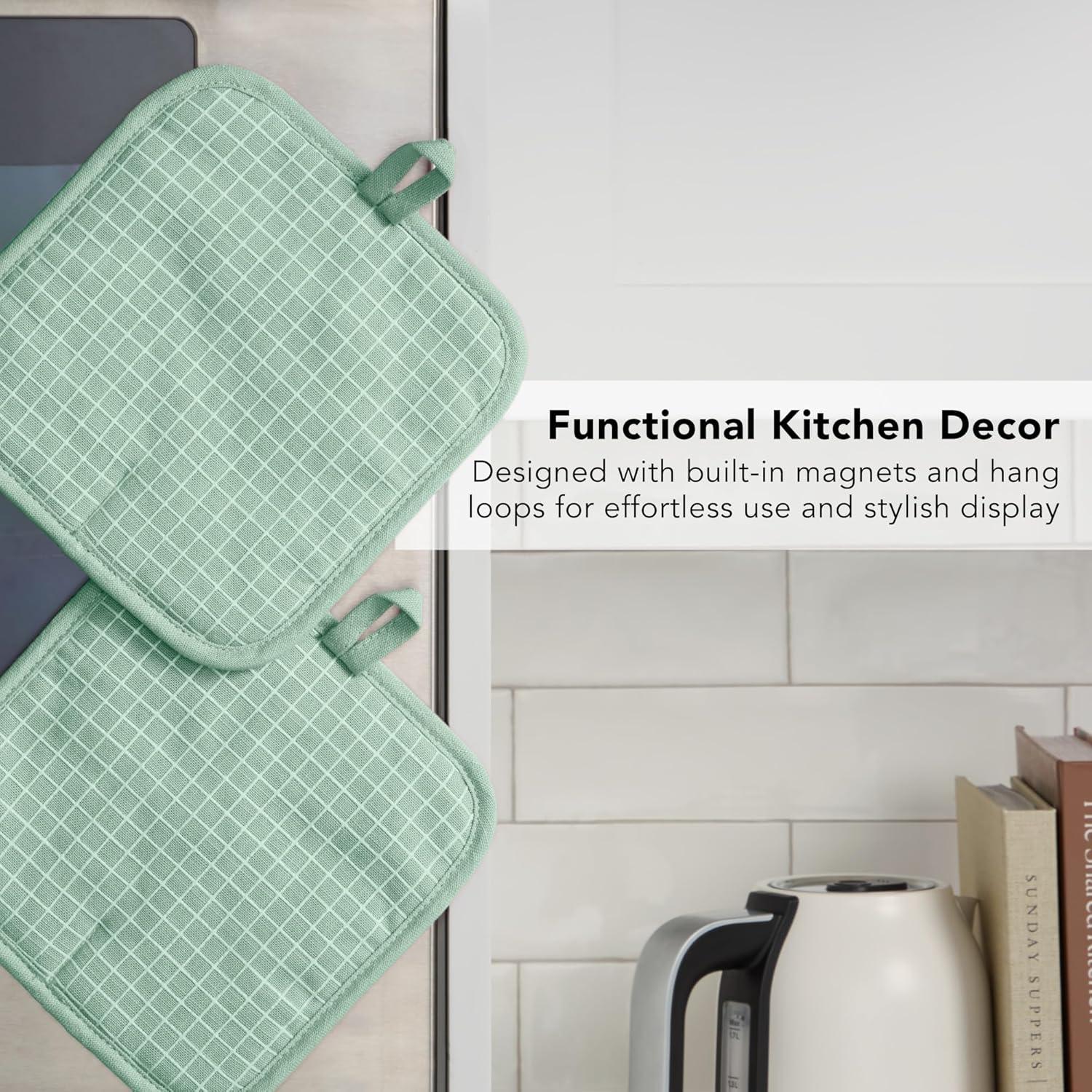 imageKITCHENAID Gourmet Series Gridlines Pot Holders 2Pack Set Heat Resistant up to 600F Soft Silicone Grip Magnetic Cuff Dried Rose 8quotx8quotPistachio Green