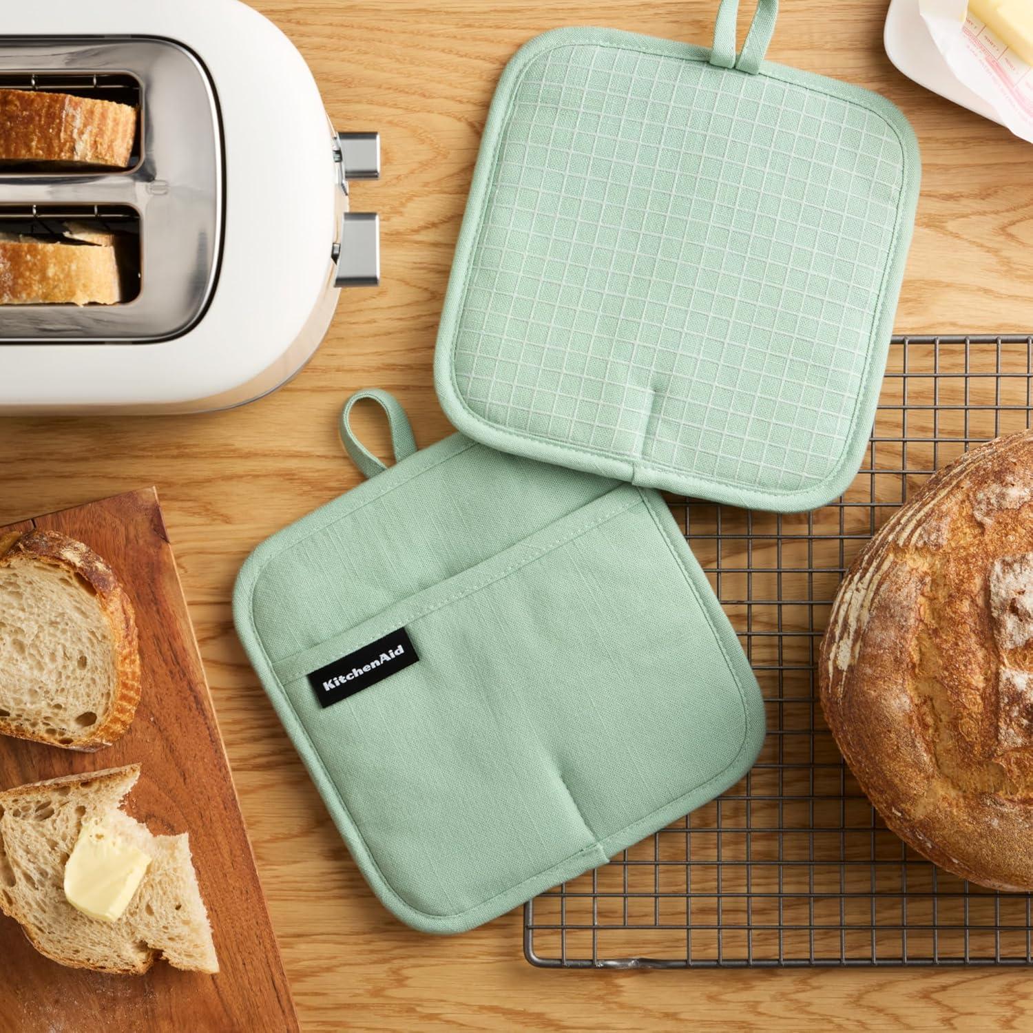 imageKITCHENAID Gourmet Series Gridlines Pot Holders 2Pack Set Heat Resistant up to 600F Soft Silicone Grip Magnetic Cuff Dried Rose 8quotx8quotPistachio Green