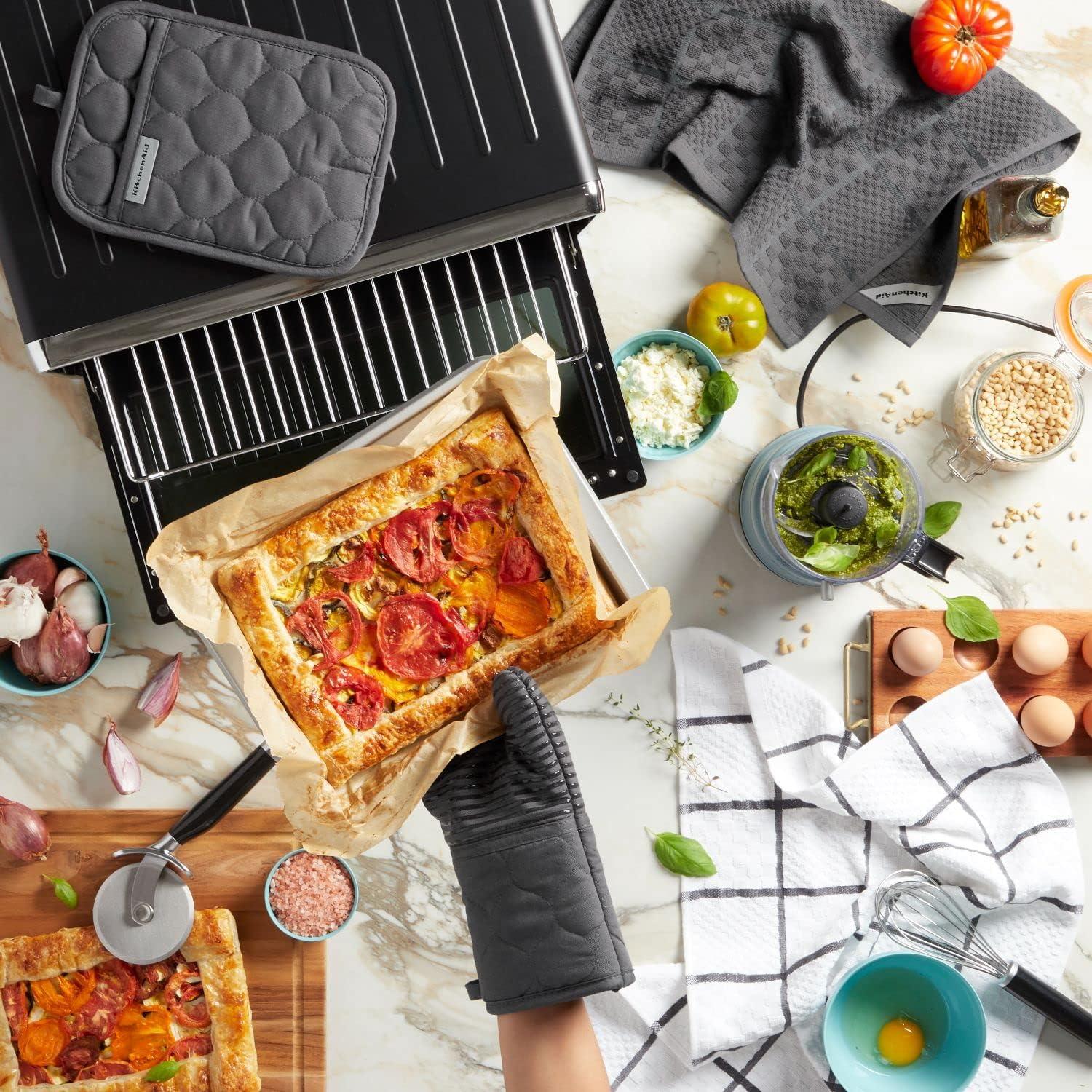 imageKITCHENAID Quilted Cotton Terry Cloth Oven Mitt Pot Holder Kitchen Towel 4Pack Set Heat Resistant Silicone Grip 16quotx26quot 7quotx13quot ampamp 7quotx10quot Aqua SkyCharcoal Grey