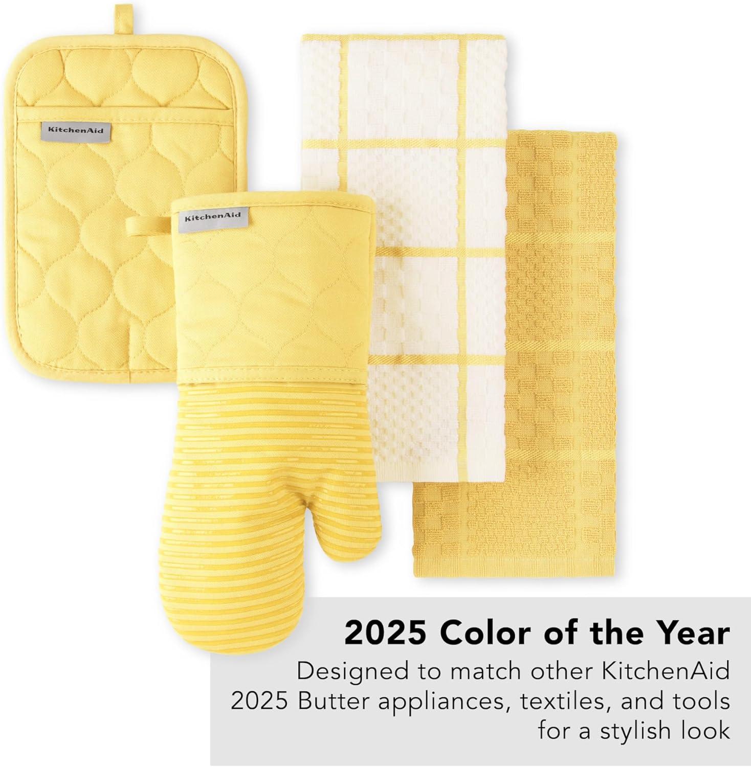 imageKITCHENAID Quilted Cotton Terry Cloth Oven Mitt Pot Holder Kitchen Towel 4Pack Set Heat Resistant Silicone Grip 16quotx26quot 7quotx13quot ampamp 7quotx10quot Aqua SkyButter Yellow