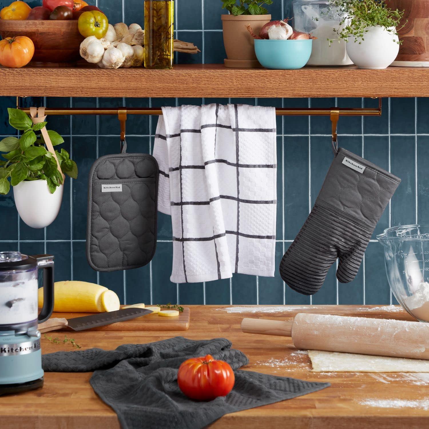 imageKITCHENAID Quilted Cotton Terry Cloth Oven Mitt Pot Holder Kitchen Towel 4Pack Set Heat Resistant Silicone Grip 16quotx26quot 7quotx13quot ampamp 7quotx10quot Aqua SkyCharcoal Grey
