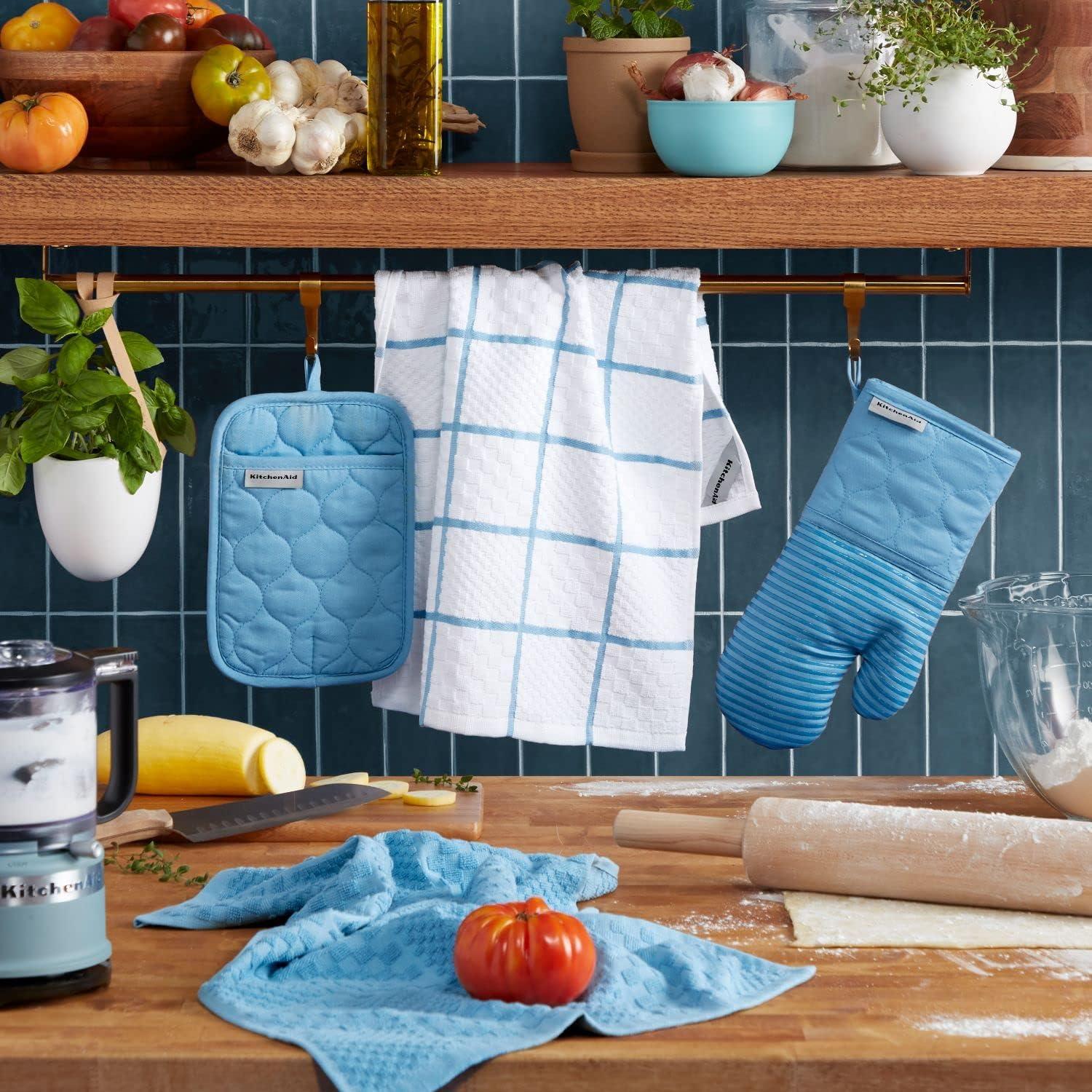 imageKITCHENAID Quilted Cotton Terry Cloth Oven Mitt Pot Holder Kitchen Towel 4Pack Set Heat Resistant Silicone Grip 16quotx26quot 7quotx13quot ampamp 7quotx10quot Aqua SkyBlue Velvet
