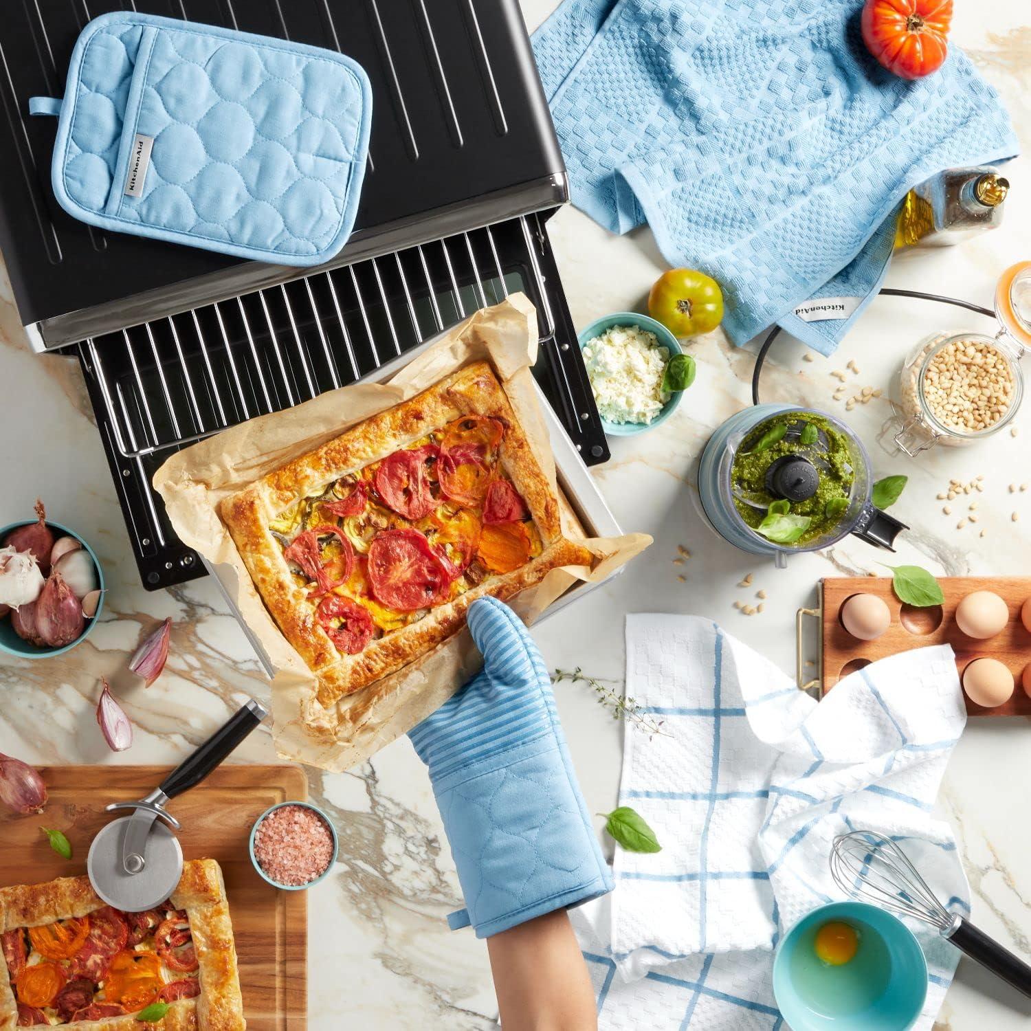 imageKITCHENAID Quilted Cotton Terry Cloth Oven Mitt Pot Holder Kitchen Towel 4Pack Set Heat Resistant Silicone Grip 16quotx26quot 7quotx13quot ampamp 7quotx10quot Aqua SkyBlue Velvet