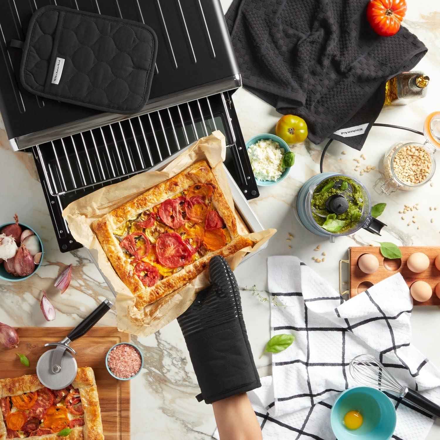 imageKITCHENAID Quilted Cotton Terry Cloth Oven Mitt Pot Holder Kitchen Towel 4Pack Set Heat Resistant Silicone Grip 16quotx26quot 7quotx13quot ampamp 7quotx10quot Aqua SkyMatte Black