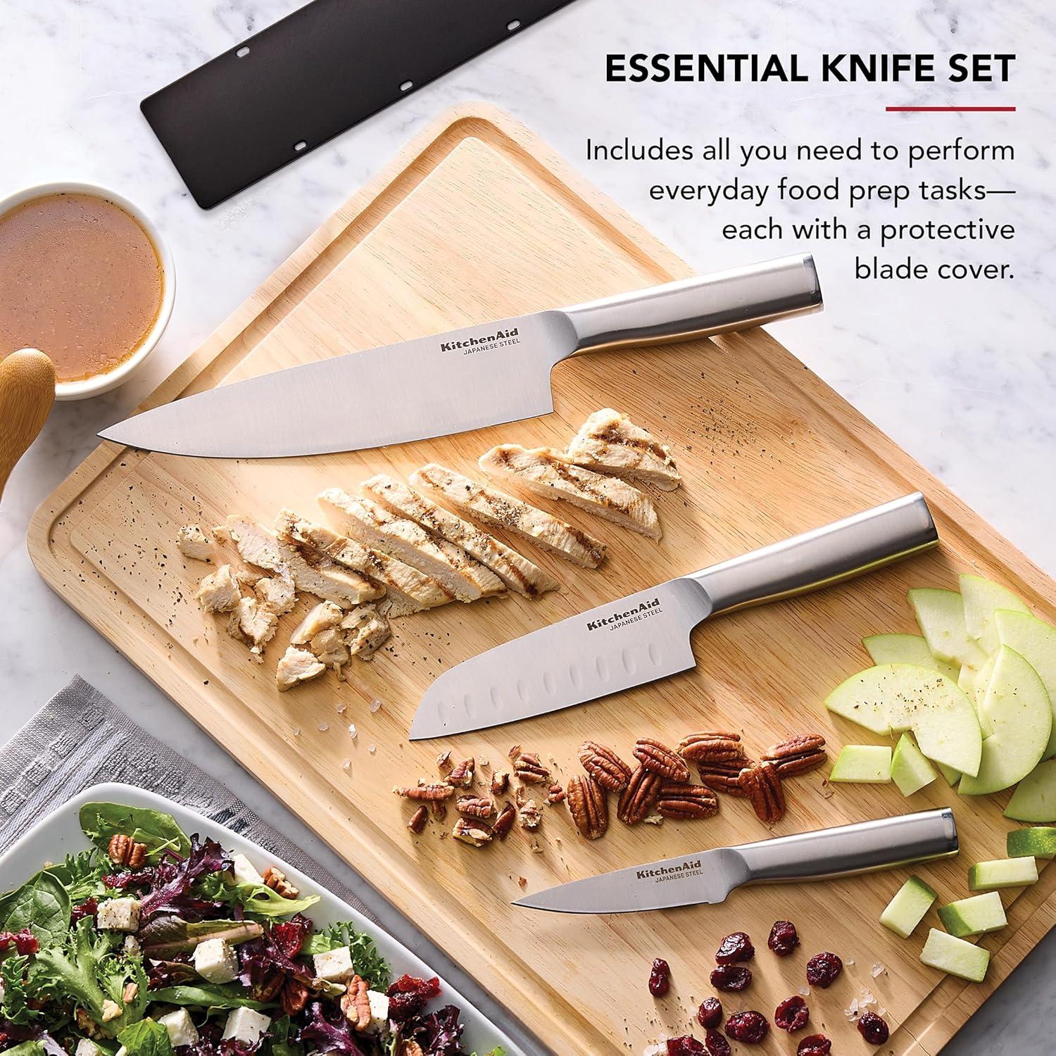 imageKitchenAid 3 Piece Forged Chef Knife Set High Carbon Japanese Steel Includes 8 Inch Chef Knife 5 Inch Santoku Knife and 35 Inch Paring Knife with Blade Covers