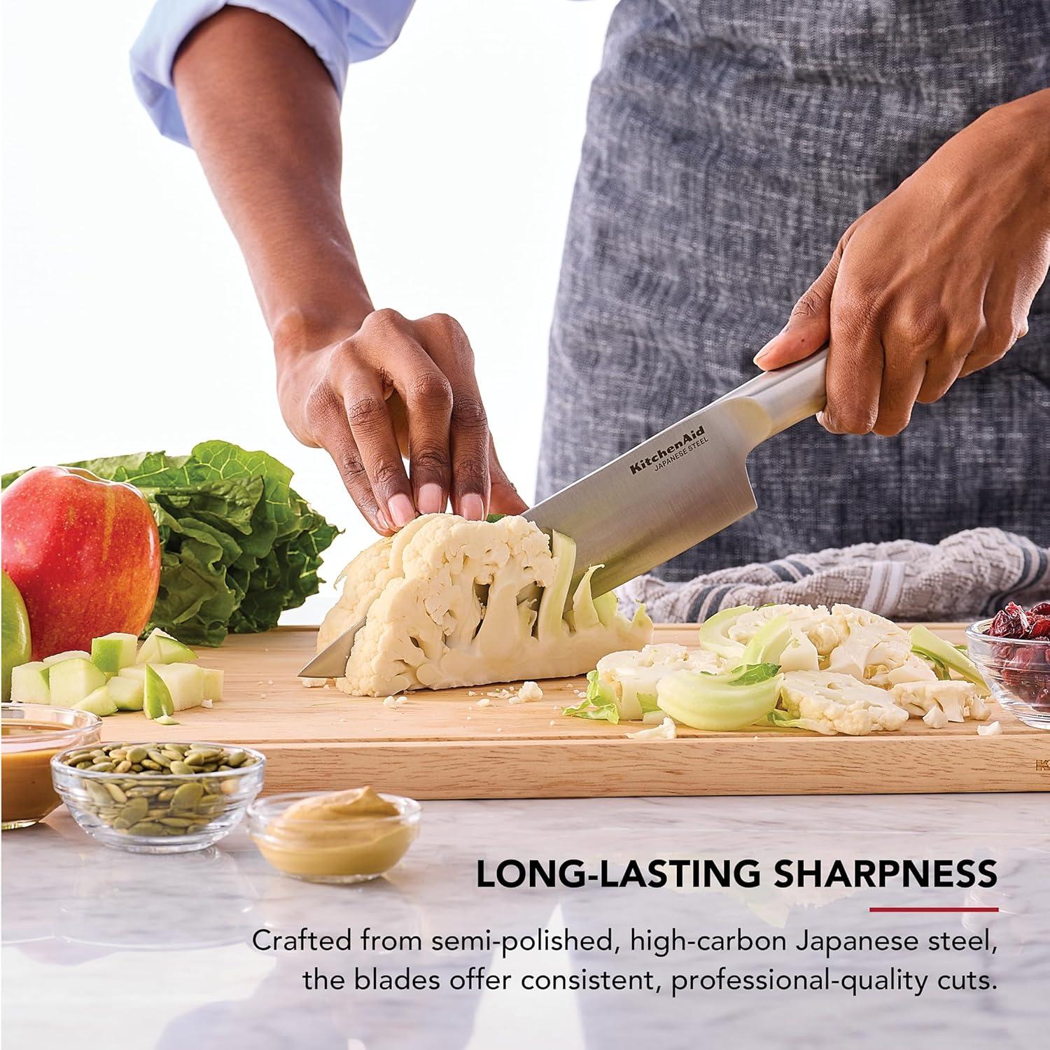 imageKitchenAid 3 Piece Forged Chef Knife Set High Carbon Japanese Steel Includes 8 Inch Chef Knife 5 Inch Santoku Knife and 35 Inch Paring Knife with Blade Covers