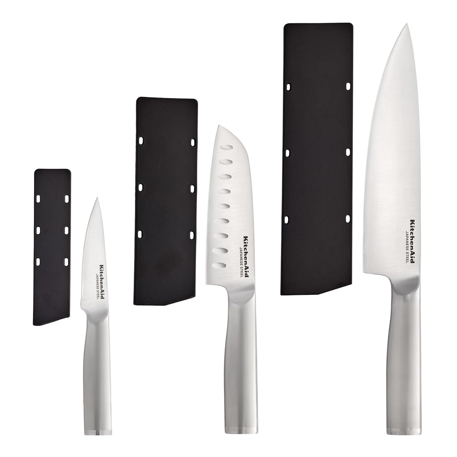 imageKitchenAid 3 Piece Forged Chef Knife Set High Carbon Japanese Steel Includes 8 Inch Chef Knife 5 Inch Santoku Knife and 35 Inch Paring Knife with Blade Covers