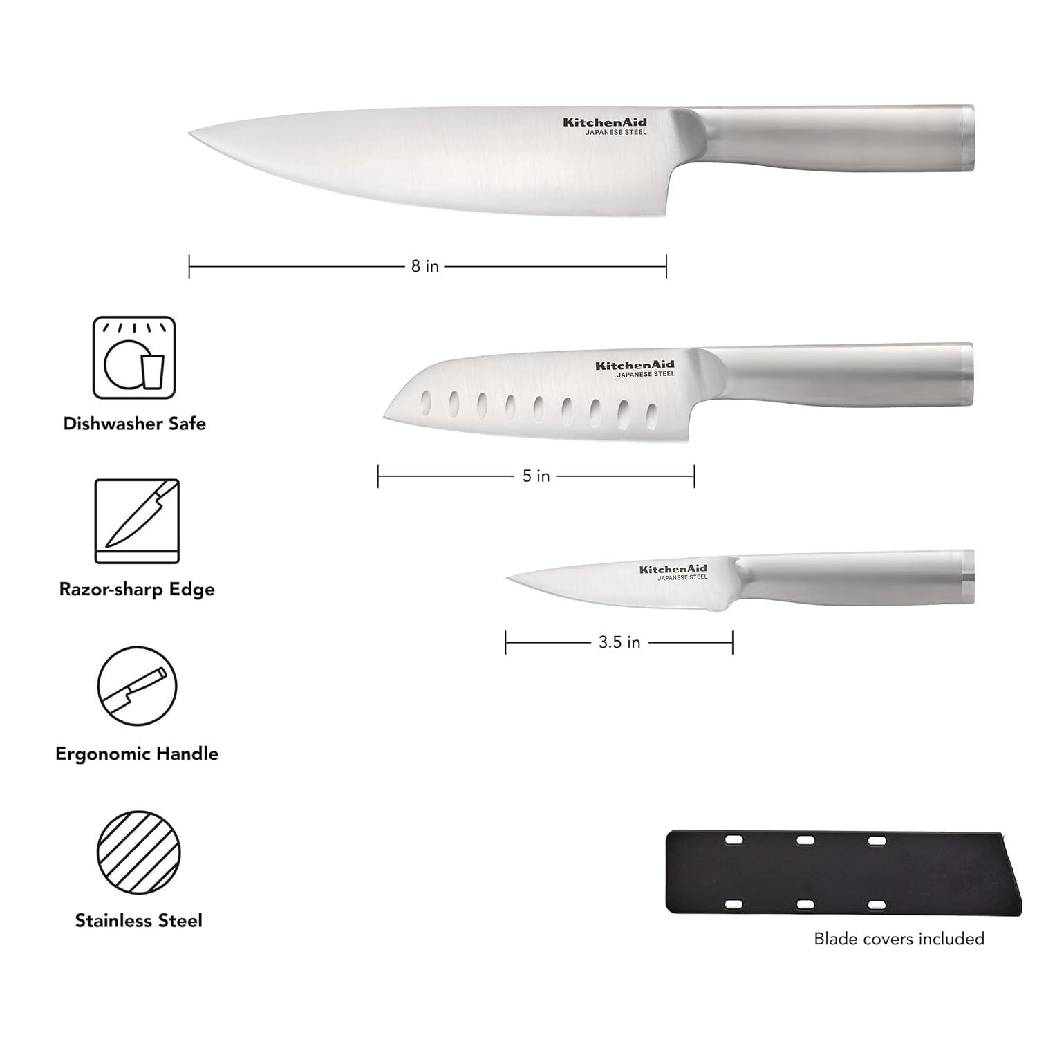 imageKitchenAid 3 Piece Forged Chef Knife Set High Carbon Japanese Steel Includes 8 Inch Chef Knife 5 Inch Santoku Knife and 35 Inch Paring Knife with Blade Covers