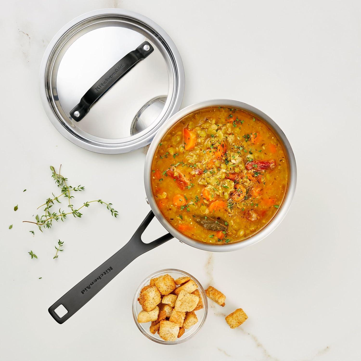 imageKitchenAid 30050 5Ply Clad Polished Stainless Steel Saucepan with Lid 3 Quart Polished Stainless SteelPolished Stainless Steel