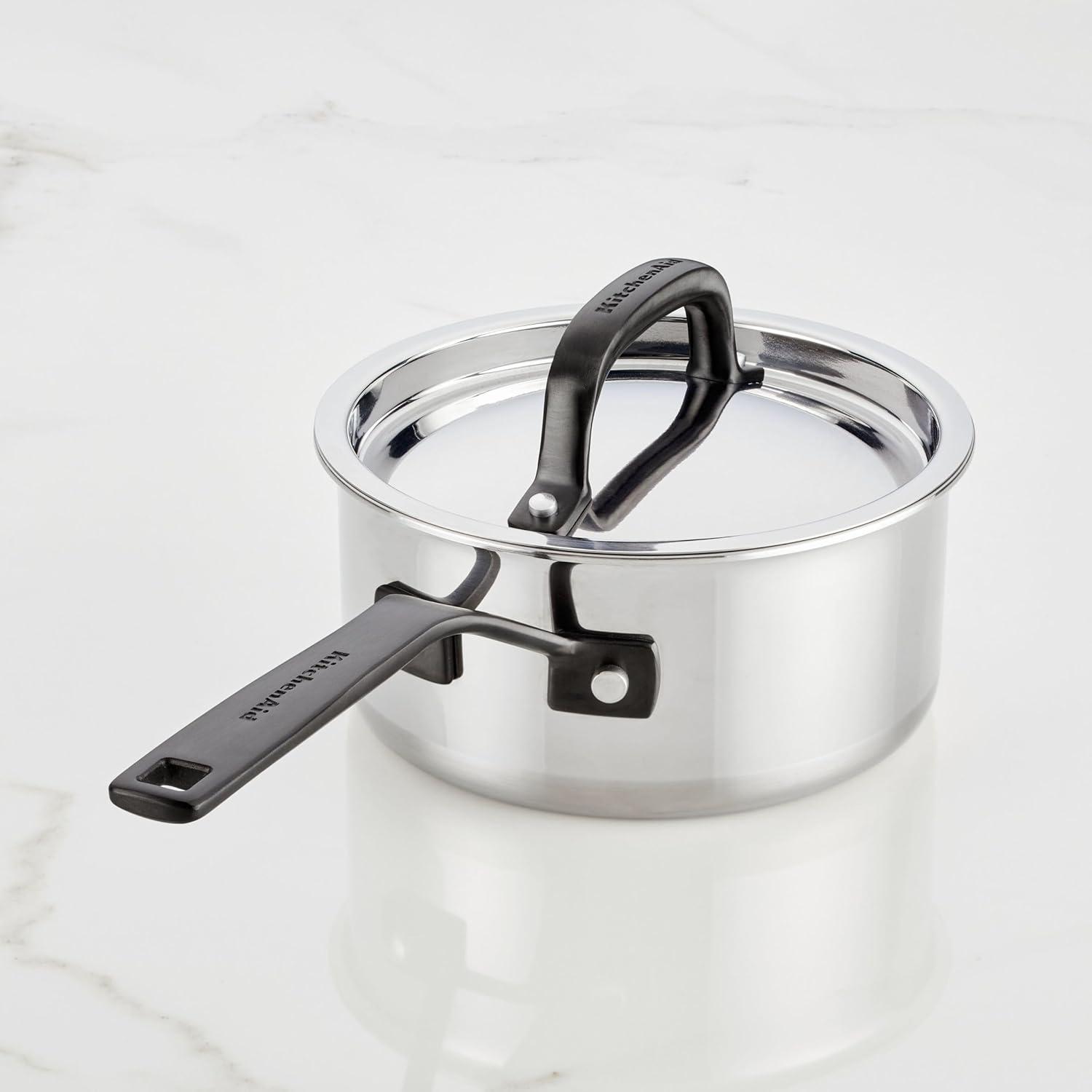 imageKitchenAid 30050 5Ply Clad Polished Stainless Steel Saucepan with Lid 3 Quart Polished Stainless SteelPolished Stainless Steel
