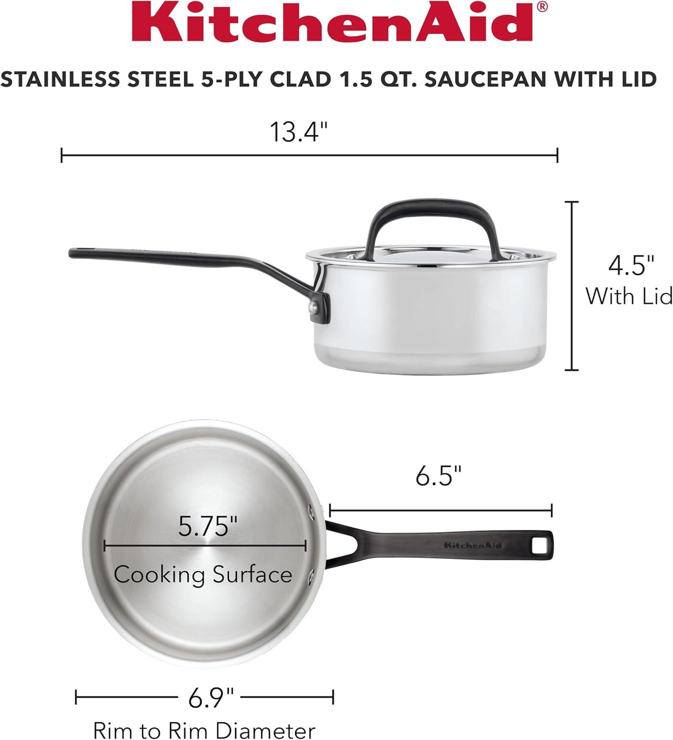 imageKitchenAid 30050 5Ply Clad Polished Stainless Steel Saucepan with Lid 3 Quart Polished Stainless SteelPolished Stainless Steel