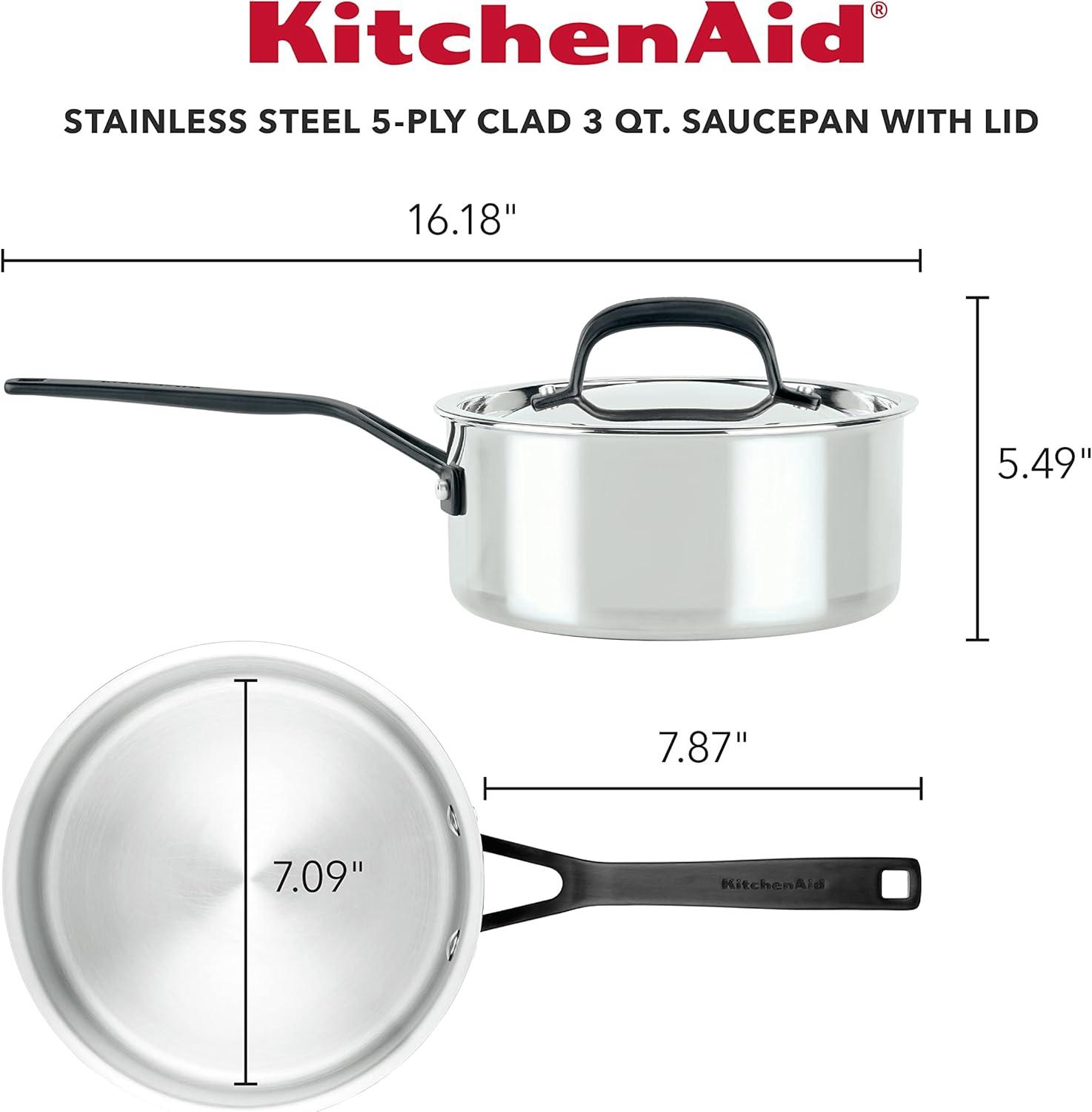 imageKitchenAid 30050 5Ply Clad Polished Stainless Steel Saucepan with Lid 3 Quart Polished Stainless SteelStainless Steel