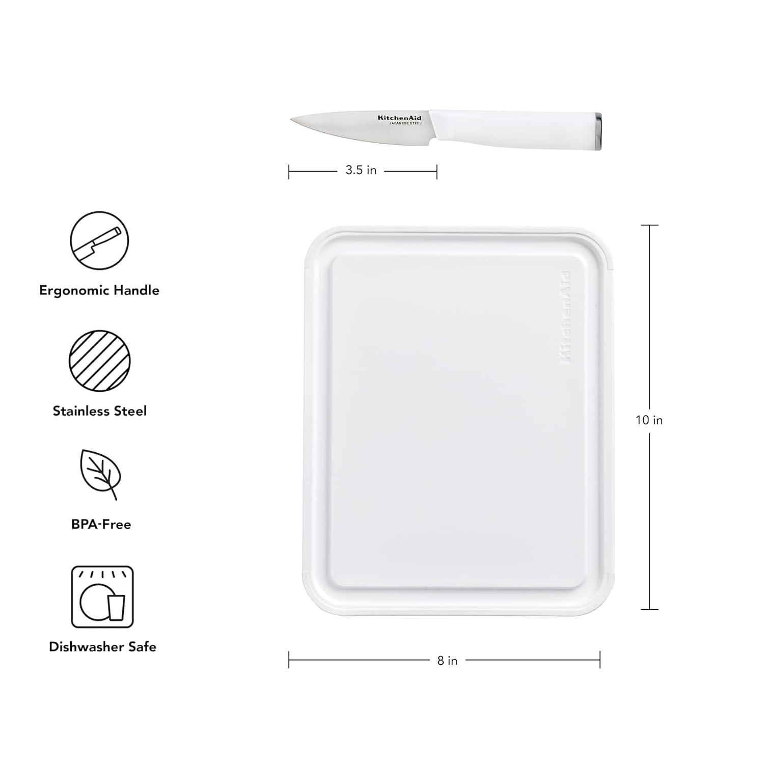 imageKitchenAid 35Inch Paring Knife with 8x10 Inch Poly Cutting Board Set High Carbon Japanese Steel Ergonomic Handle and Nonslip Edges PistachioWhite