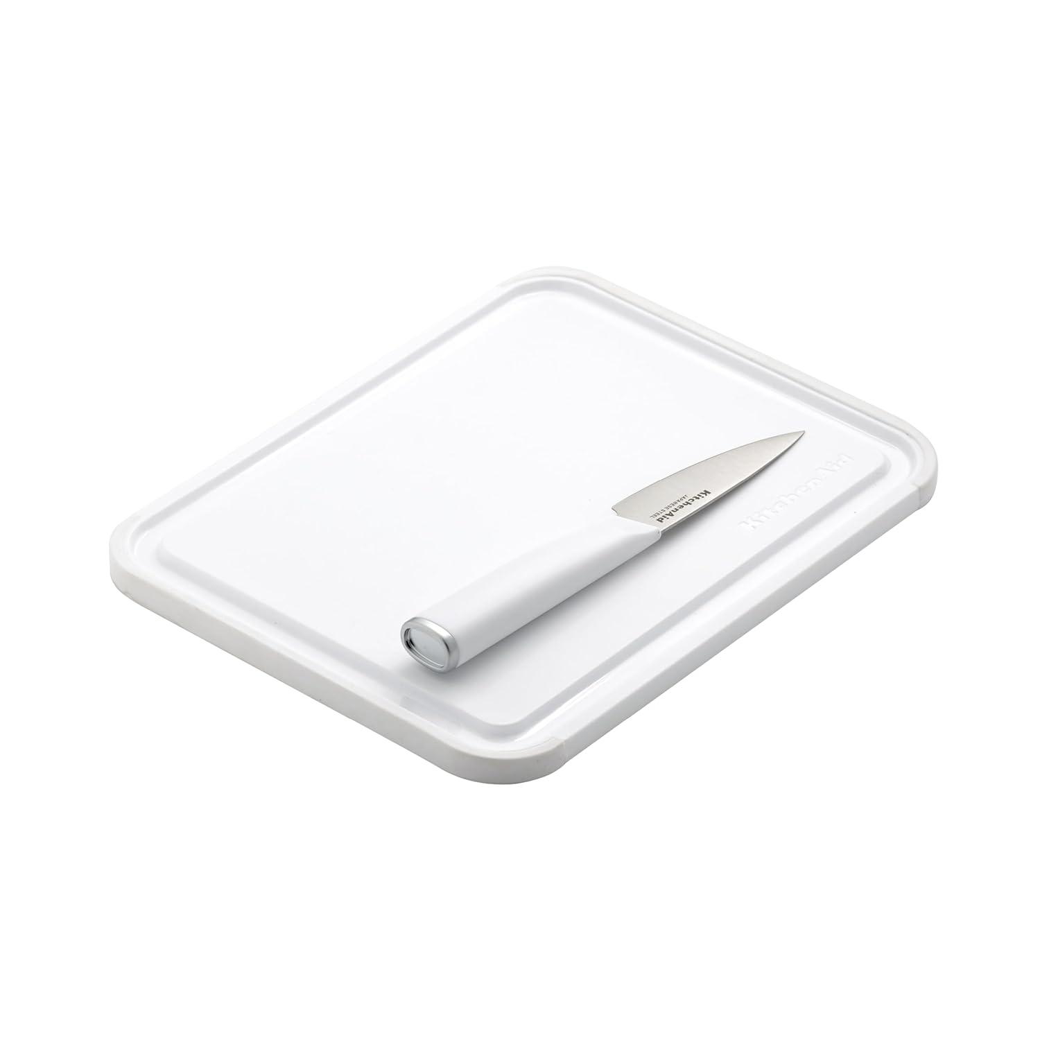 imageKitchenAid 35Inch Paring Knife with 8x10 Inch Poly Cutting Board Set High Carbon Japanese Steel Ergonomic Handle and Nonslip Edges PistachioWhite