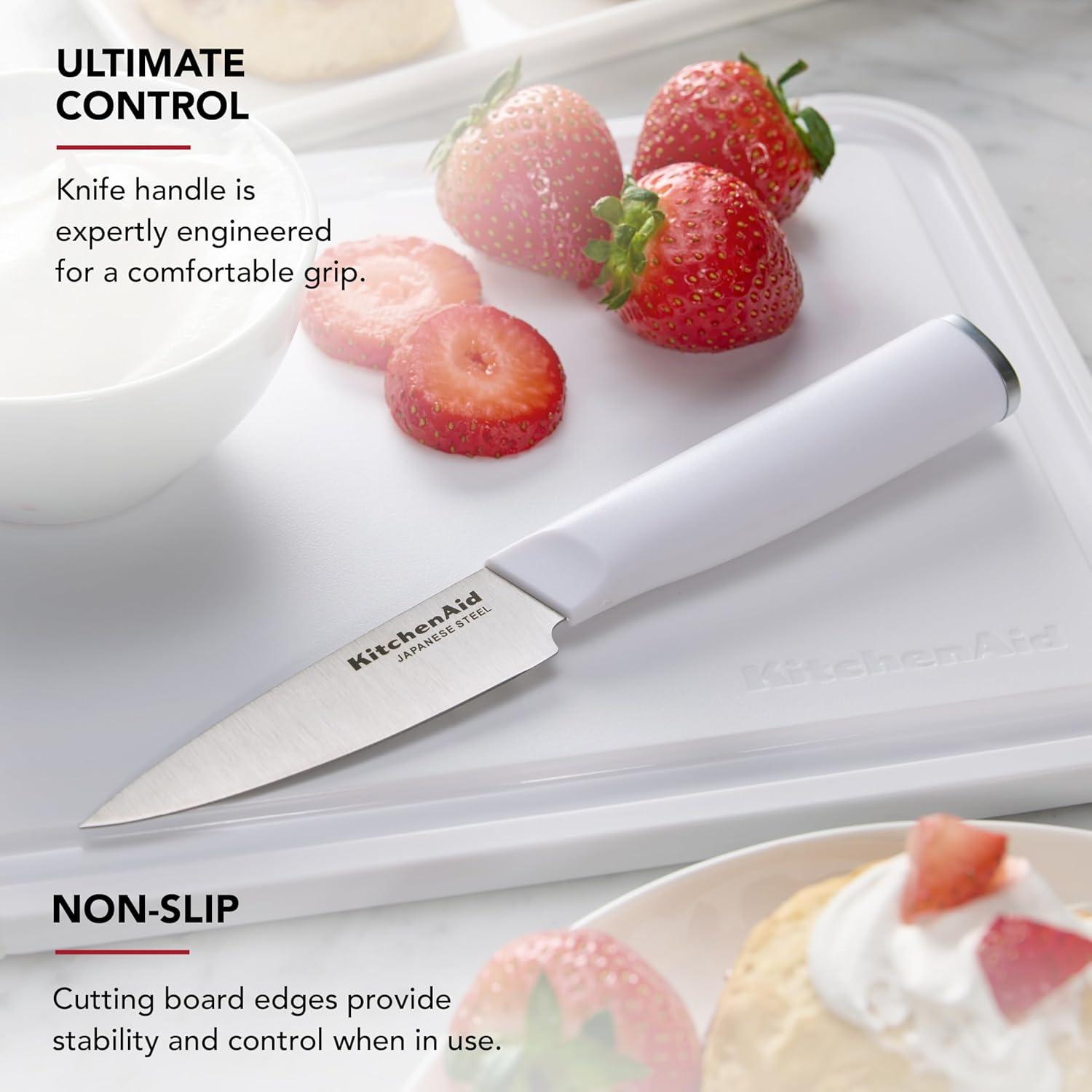 imageKitchenAid 35Inch Paring Knife with 8x10 Inch Poly Cutting Board Set High Carbon Japanese Steel Ergonomic Handle and Nonslip Edges PistachioWhite