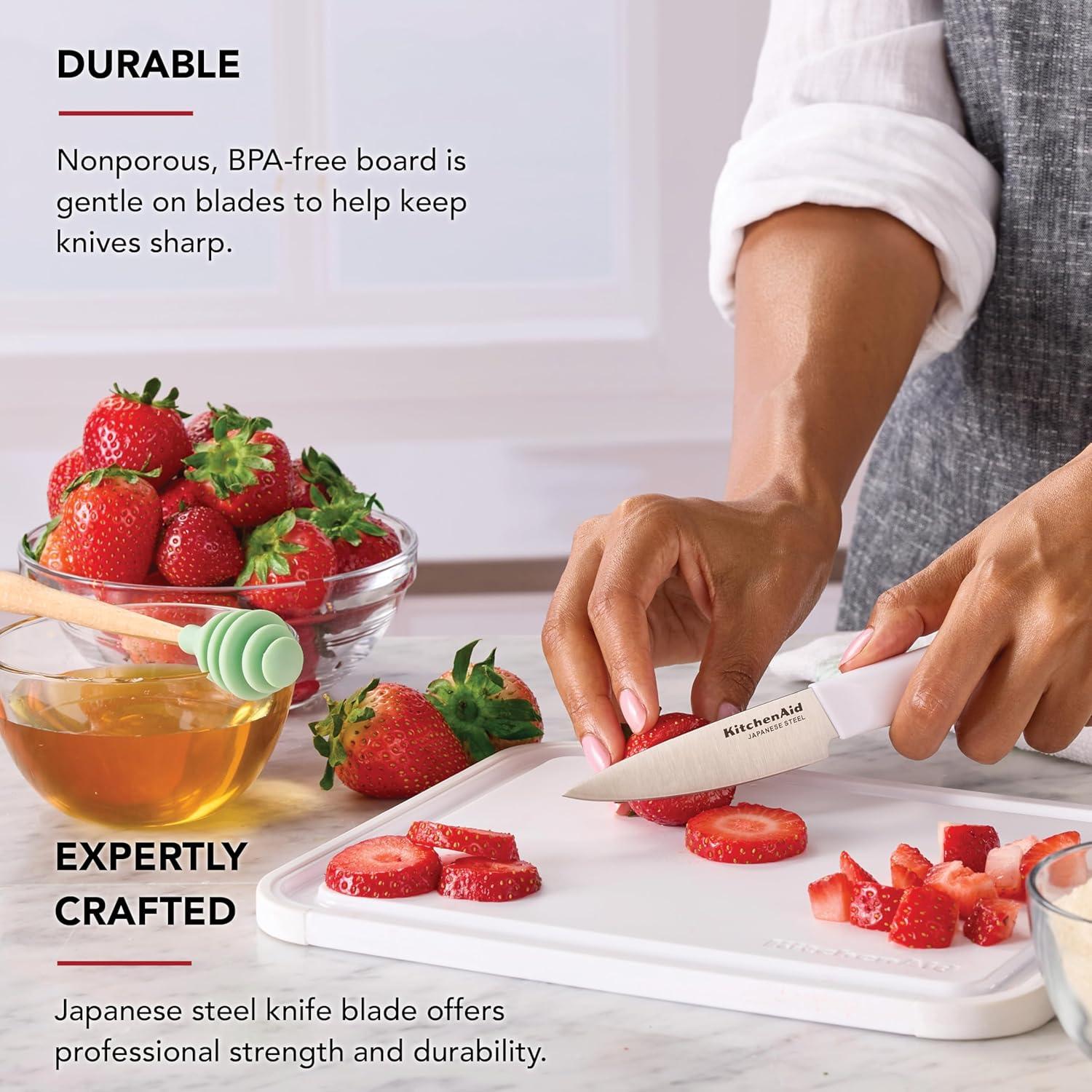 imageKitchenAid 35Inch Paring Knife with 8x10 Inch Poly Cutting Board Set High Carbon Japanese Steel Ergonomic Handle and Nonslip Edges PistachioWhite