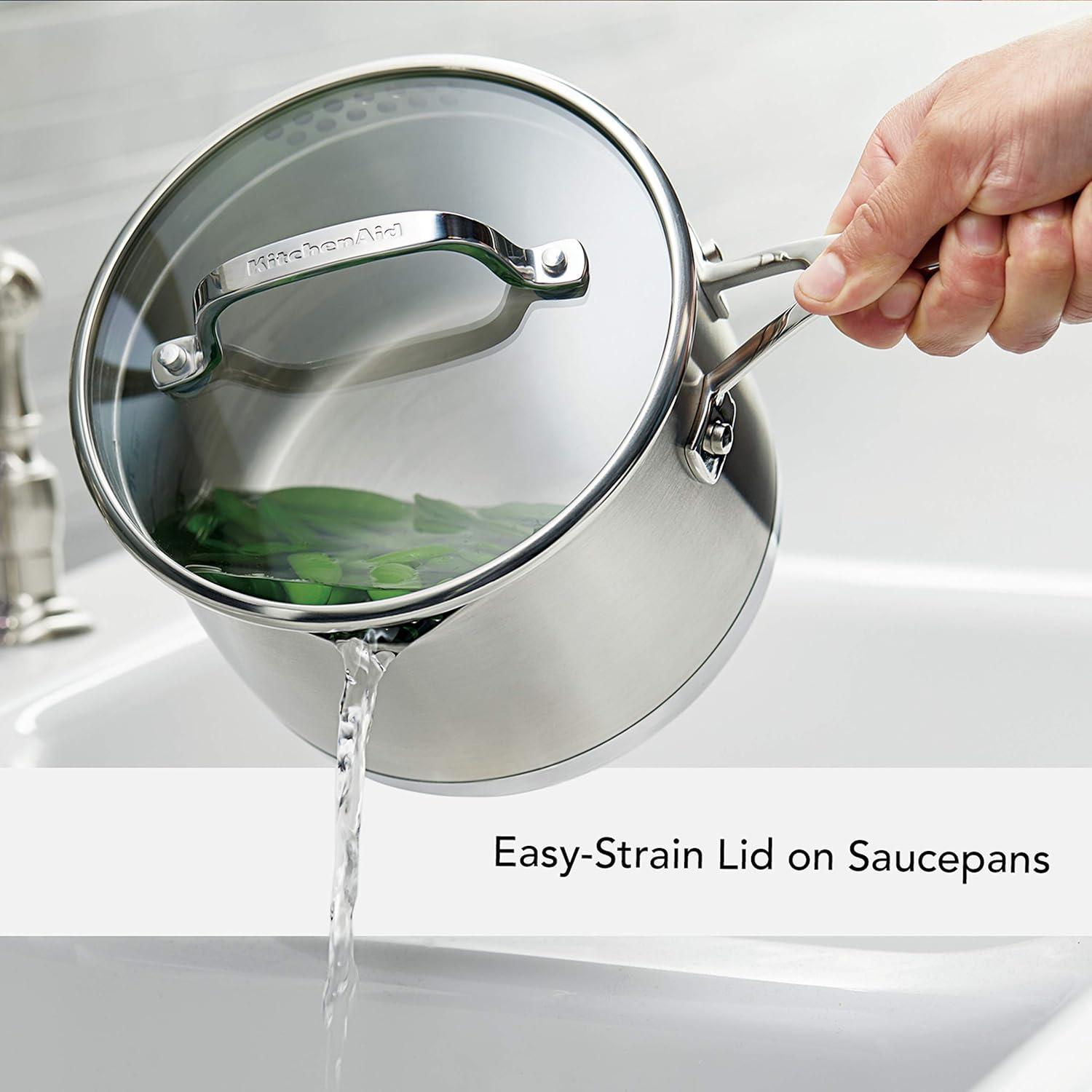 imageKitchenAid 3Ply Base Brushed Stainless Steel Induction Pots and Pans Set with Nonstick Round Grill Pan and Lids Dishwasher Safe 10 Piece Cookware Set Brushed Stainless Steel