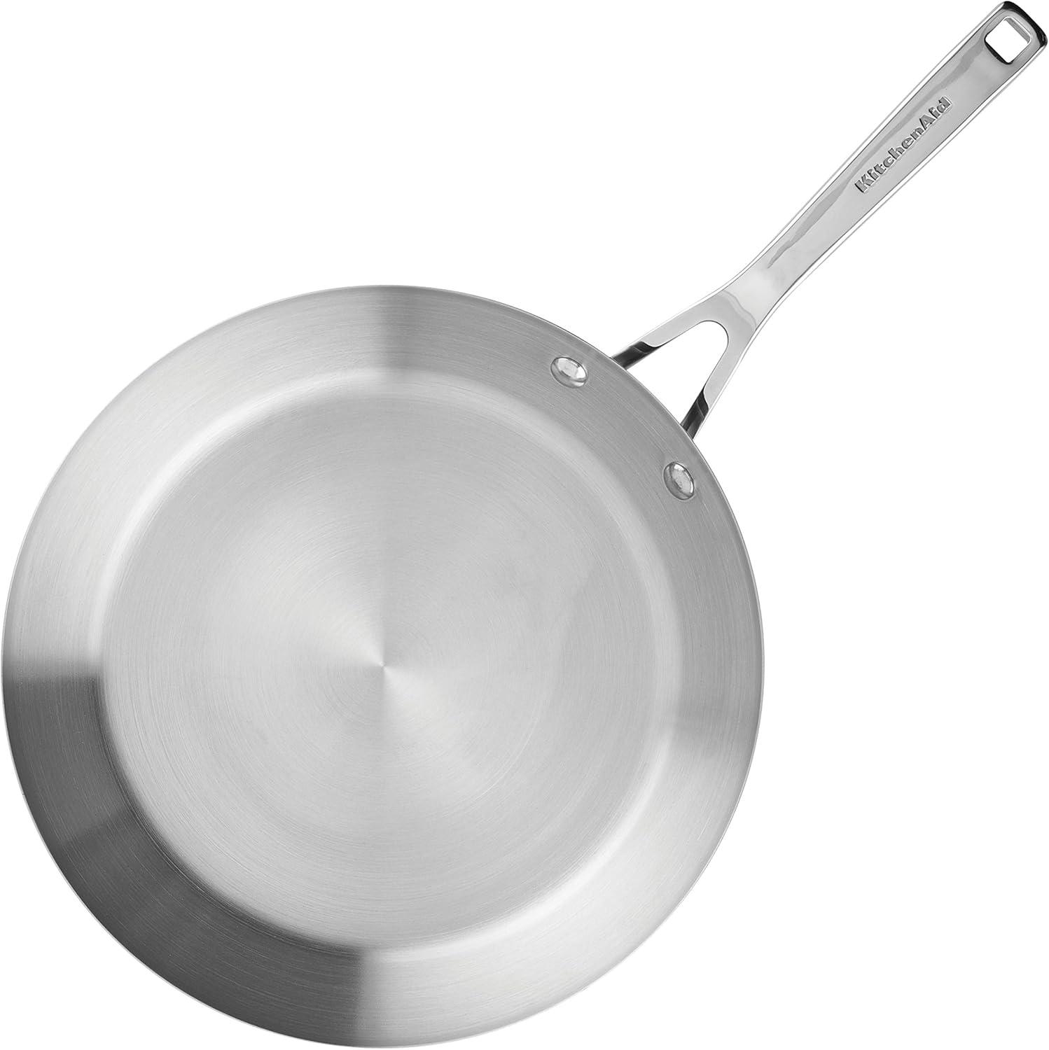 imageKitchenAid 3Ply Base Brushed Stainless Steel Induction Pots and Pans Set with Nonstick Round Grill Pan and Lids Dishwasher Safe 10 Piece Cookware Set Brushed Stainless Steel