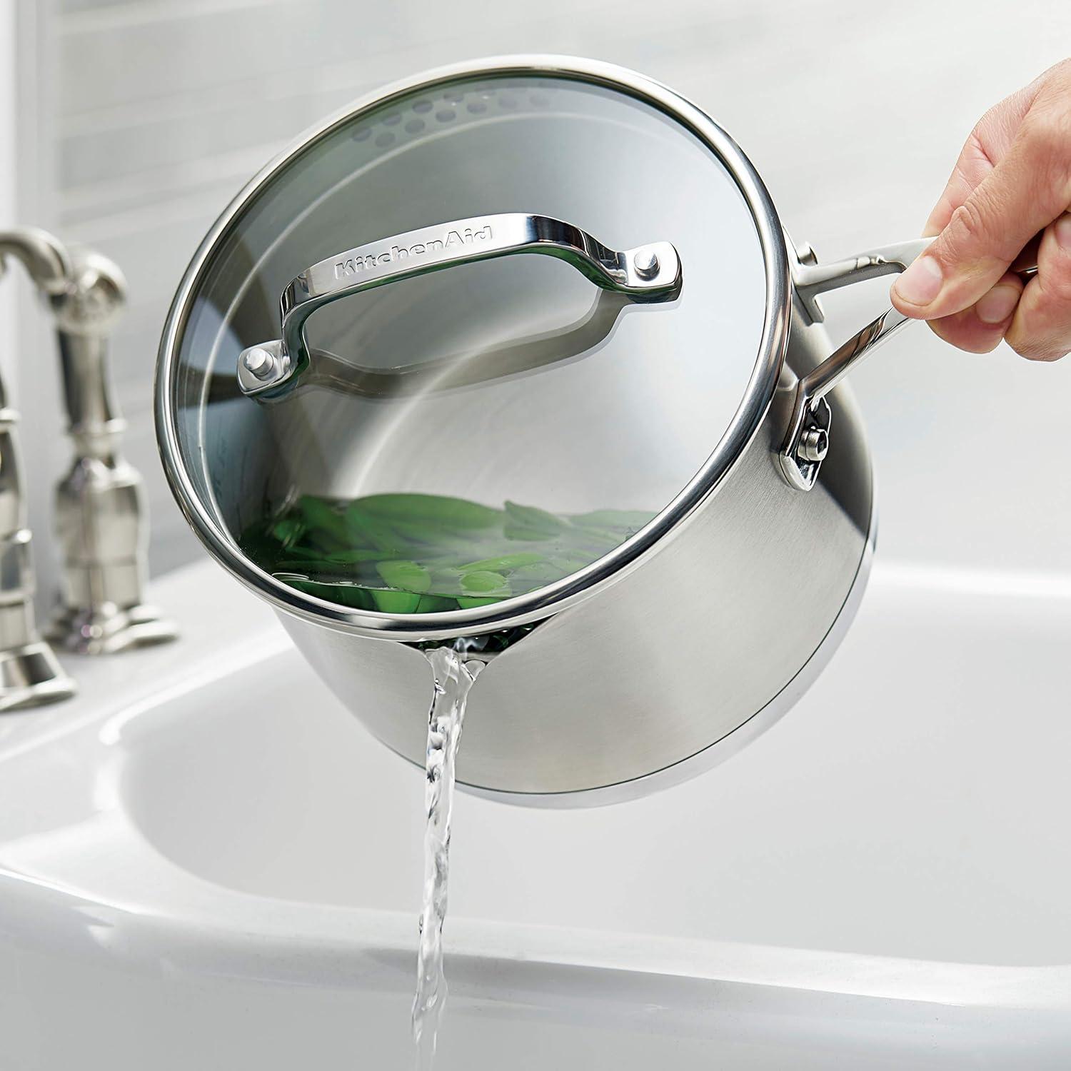 imageKitchenAid 3Ply Base Brushed Stainless Steel Induction Pots and Pans Set with Nonstick Round Grill Pan and Lids Dishwasher Safe 10 Piece Cookware Set Brushed Stainless Steel