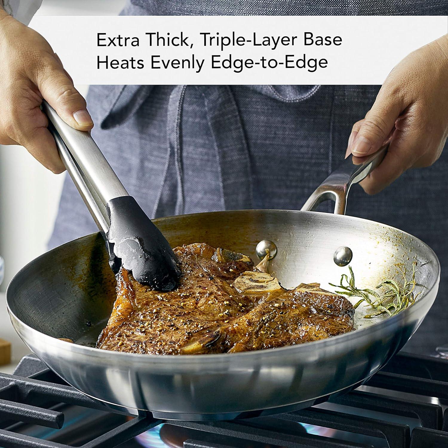 imageKitchenAid 3Ply Base Brushed Stainless Steel Induction Pots and Pans Set with Nonstick Round Grill Pan and Lids Dishwasher Safe 10 Piece Cookware Set Brushed Stainless Steel