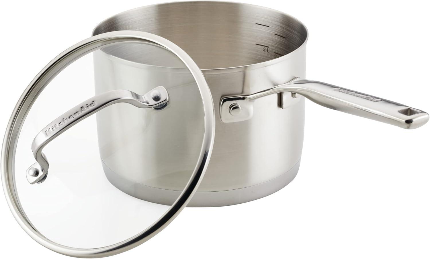 imageKitchenAid 3Ply Base Brushed Stainless Steel Sauce PanSaucepan with Lid 3 Quart Brushed Stainless Steel