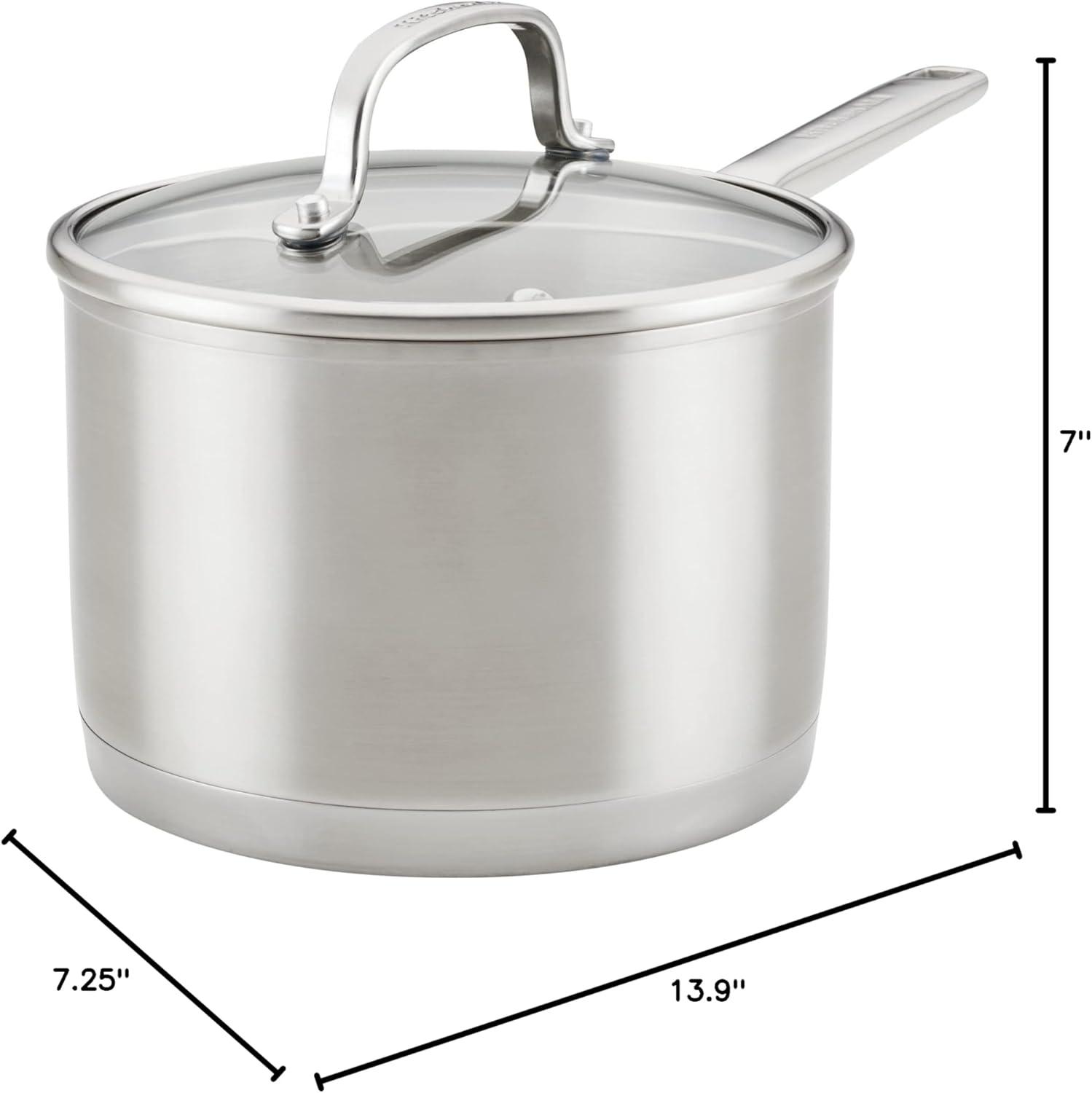 imageKitchenAid 3Ply Base Brushed Stainless Steel Sauce PanSaucepan with Lid 3 Quart Brushed Stainless Steel