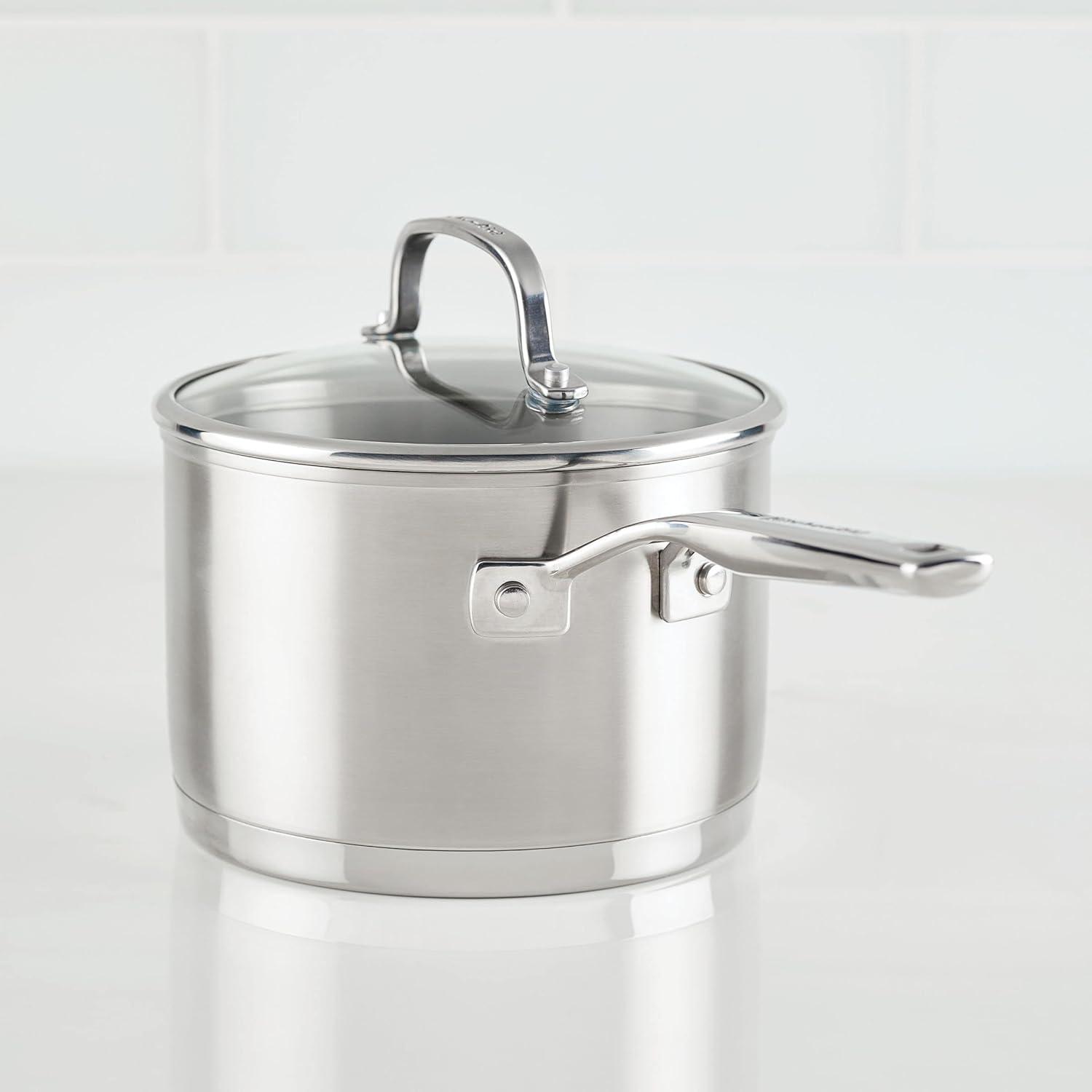 imageKitchenAid 3Ply Base Brushed Stainless Steel Sauce PanSaucepan with Lid 3 Quart Brushed Stainless Steel
