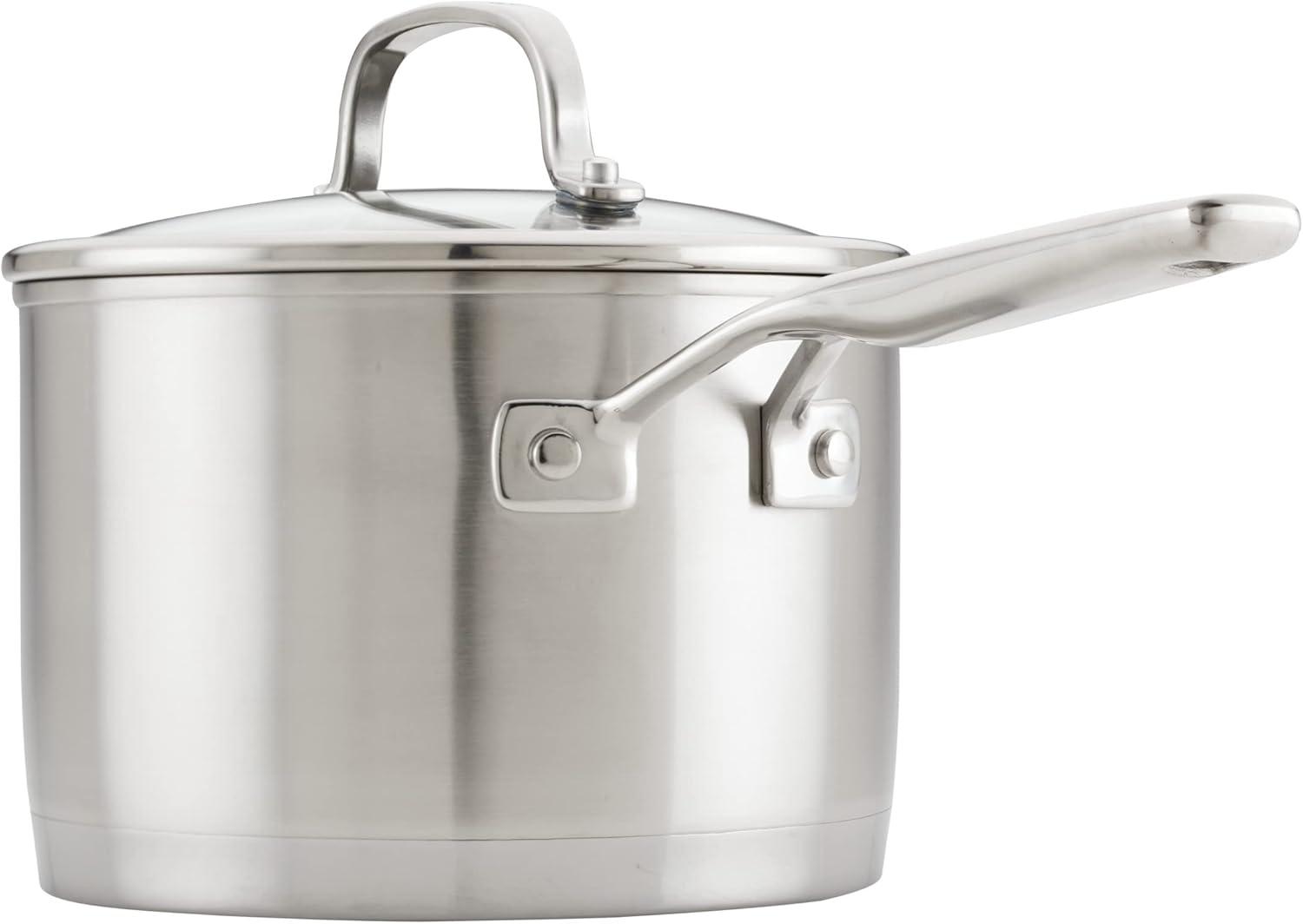 imageKitchenAid 3Ply Base Brushed Stainless Steel Sauce PanSaucepan with Lid 3 Quart Brushed Stainless Steel
