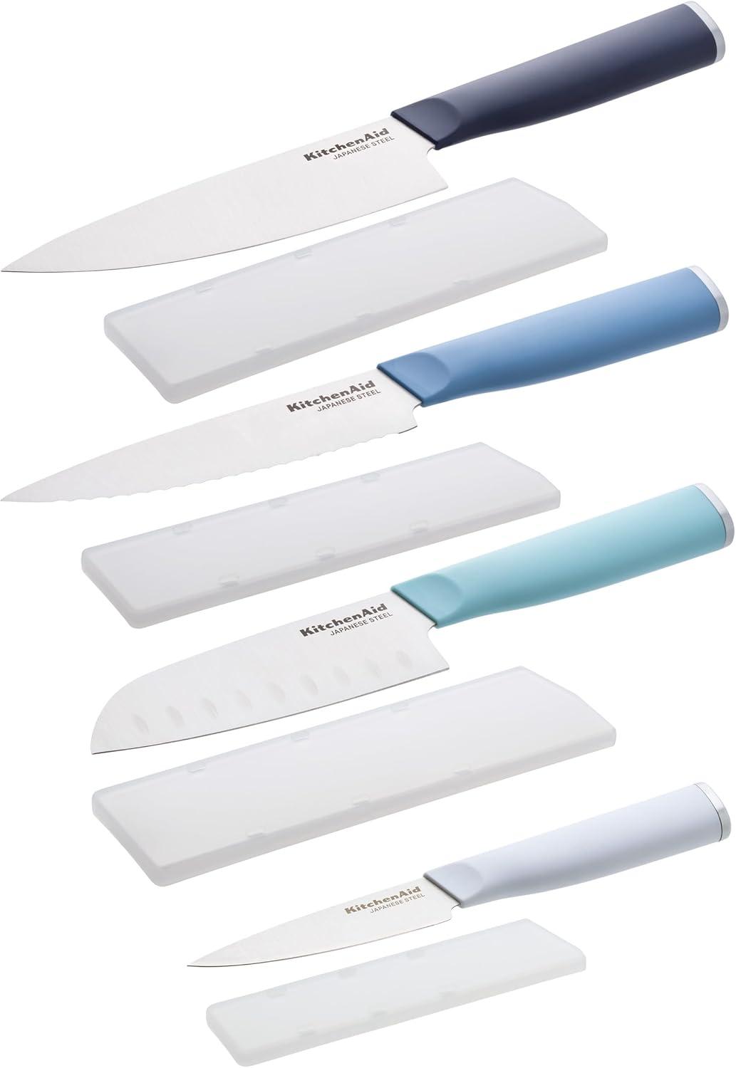 imageKitchenAid 4 Piece Chef Knife Set with Blade Covers 6 Inch Chef Knife 5 Inch Santoku 55 Inch Serrated Utility 35 Inch Paring High Carbon Japanese Steel Dried RoseBlue