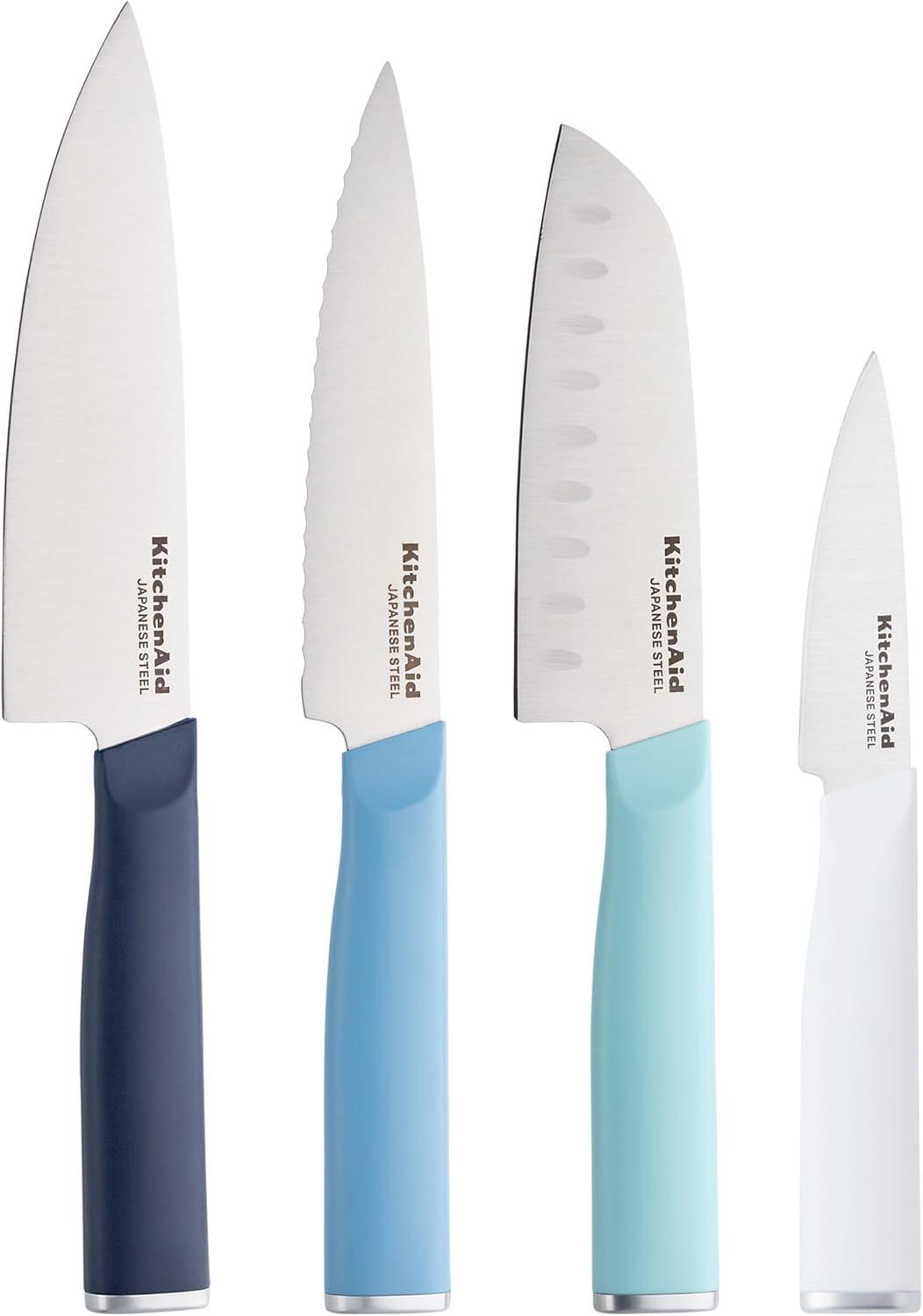 imageKitchenAid 4 Piece Chef Knife Set with Blade Covers 6 Inch Chef Knife 5 Inch Santoku 55 Inch Serrated Utility 35 Inch Paring High Carbon Japanese Steel Dried RoseBlue
