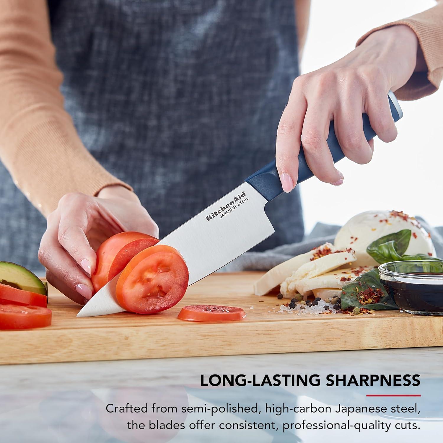 imageKitchenAid 4 Piece Chef Knife Set with Blade Covers 6 Inch Chef Knife 5 Inch Santoku 55 Inch Serrated Utility 35 Inch Paring High Carbon Japanese Steel Dried RoseBlue