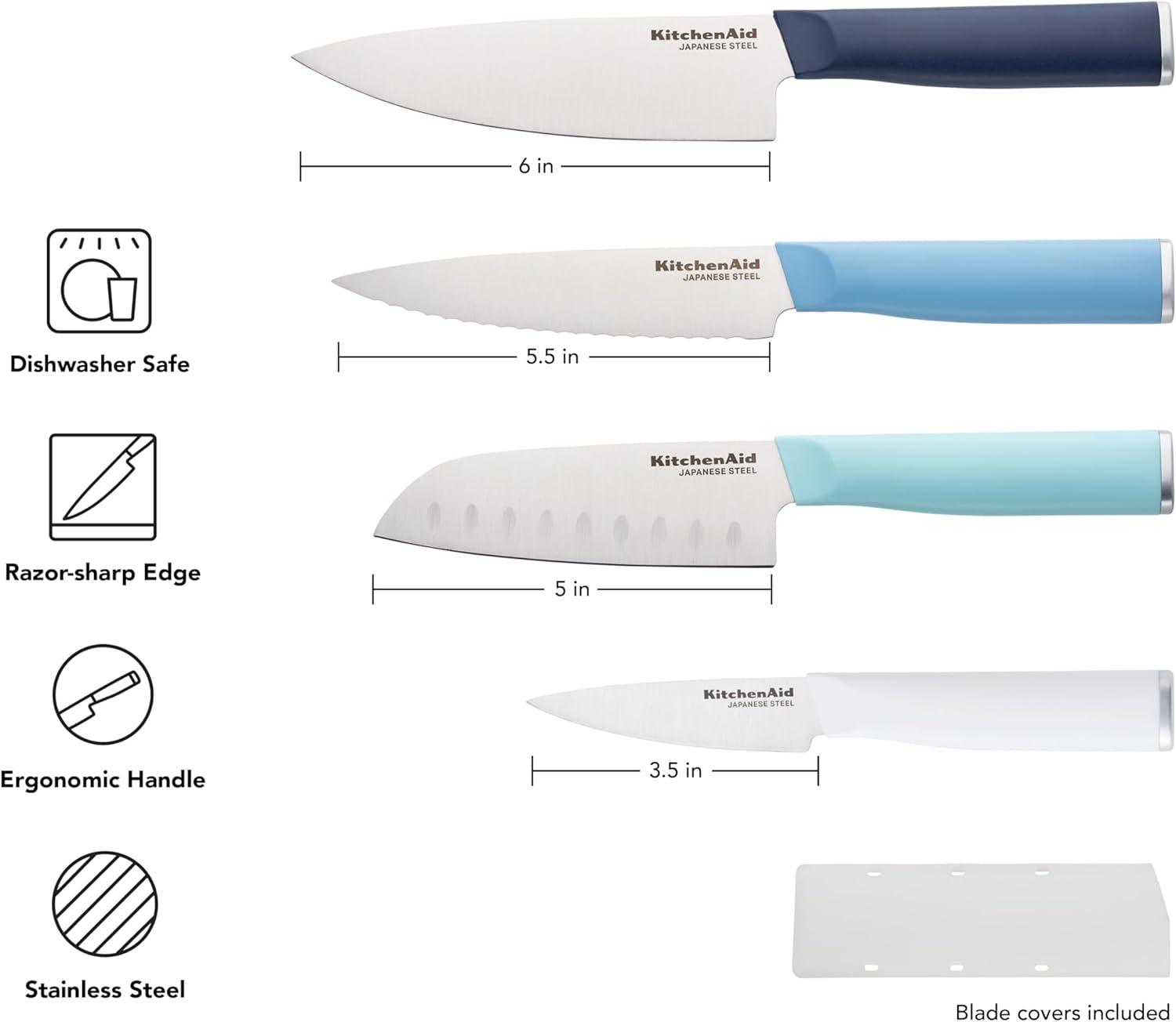 imageKitchenAid 4 Piece Chef Knife Set with Blade Covers 6 Inch Chef Knife 5 Inch Santoku 55 Inch Serrated Utility 35 Inch Paring High Carbon Japanese Steel Dried RoseBlue